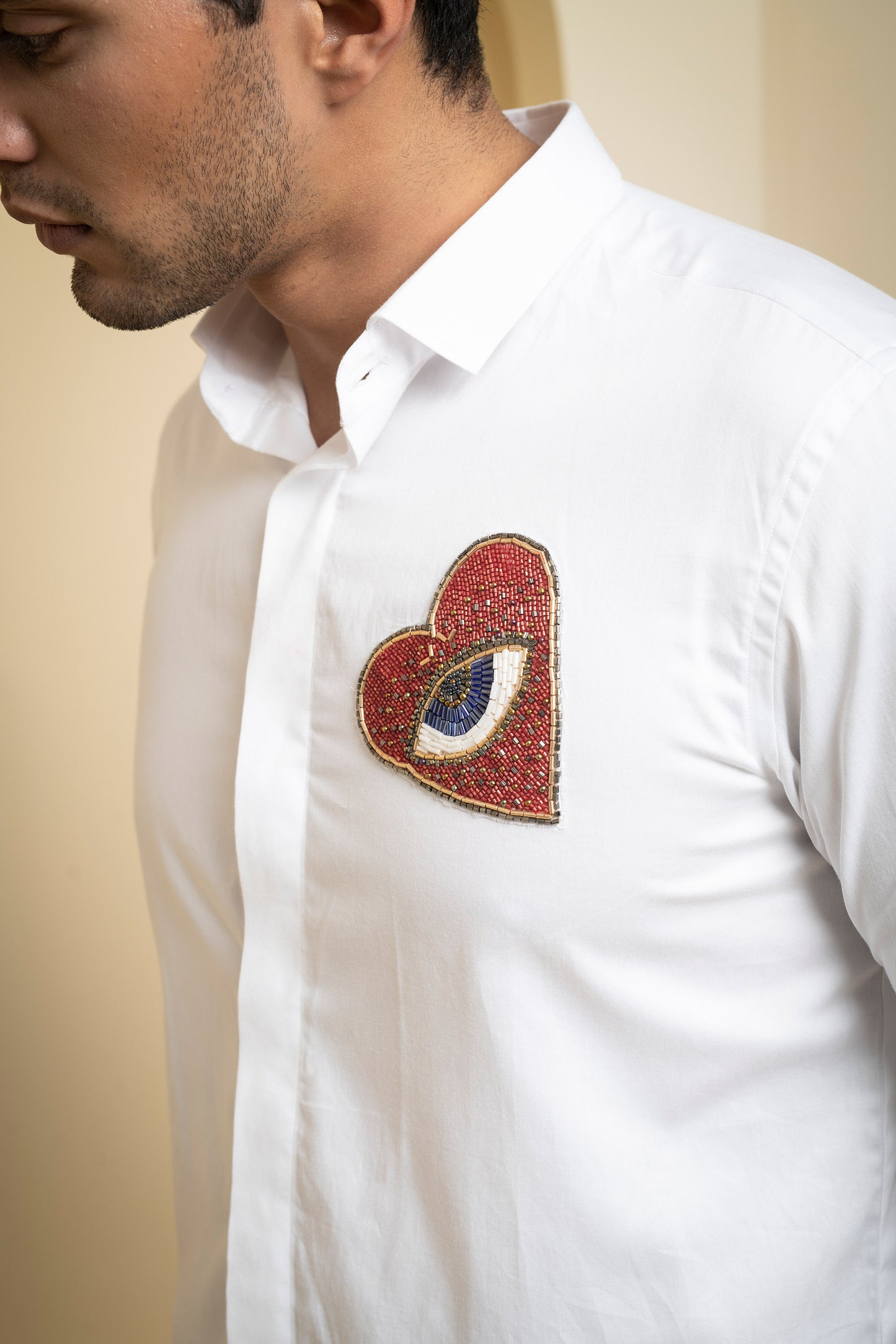 White Cotton satin Redert Intricate Embroidered Shirt