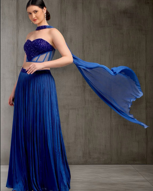 Royal Blue Corset Pure Chinnon Cutdana & Sequence Hand Work Party Wear pleated Skirt & Dupatta