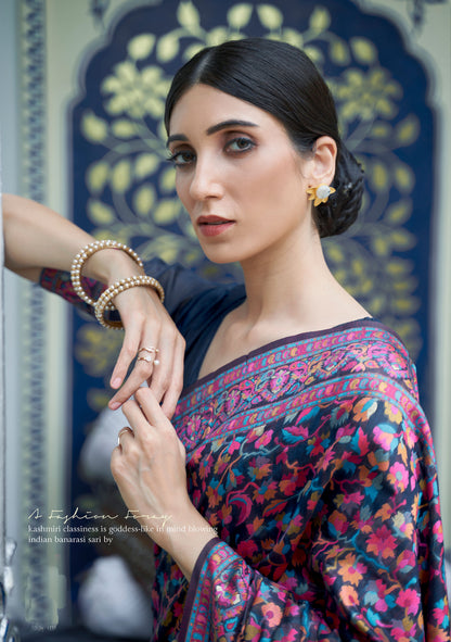 Dark Blue Kashifa Silk Kashmir Modal Handloom Saree