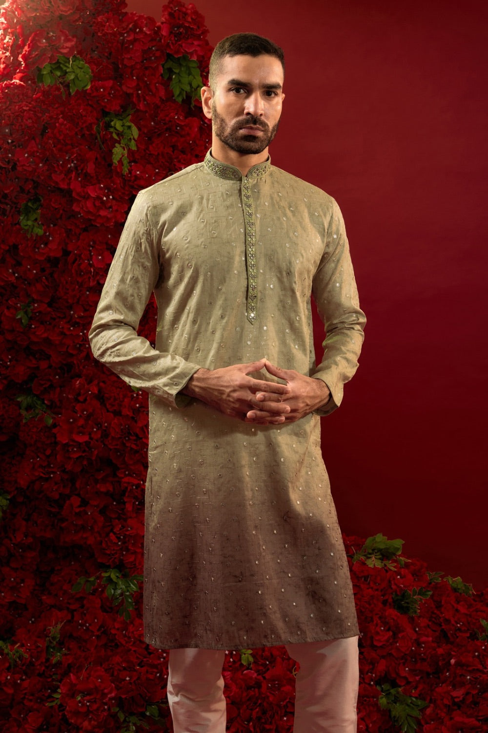 Brown ombre silk kurta set with hand and machine work