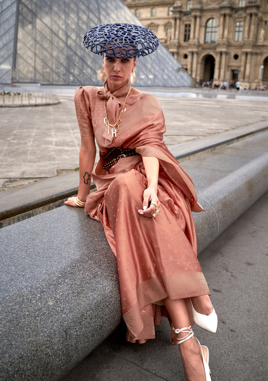 Peach Kamzah Silk Pure Satin Nylon Handloom saree