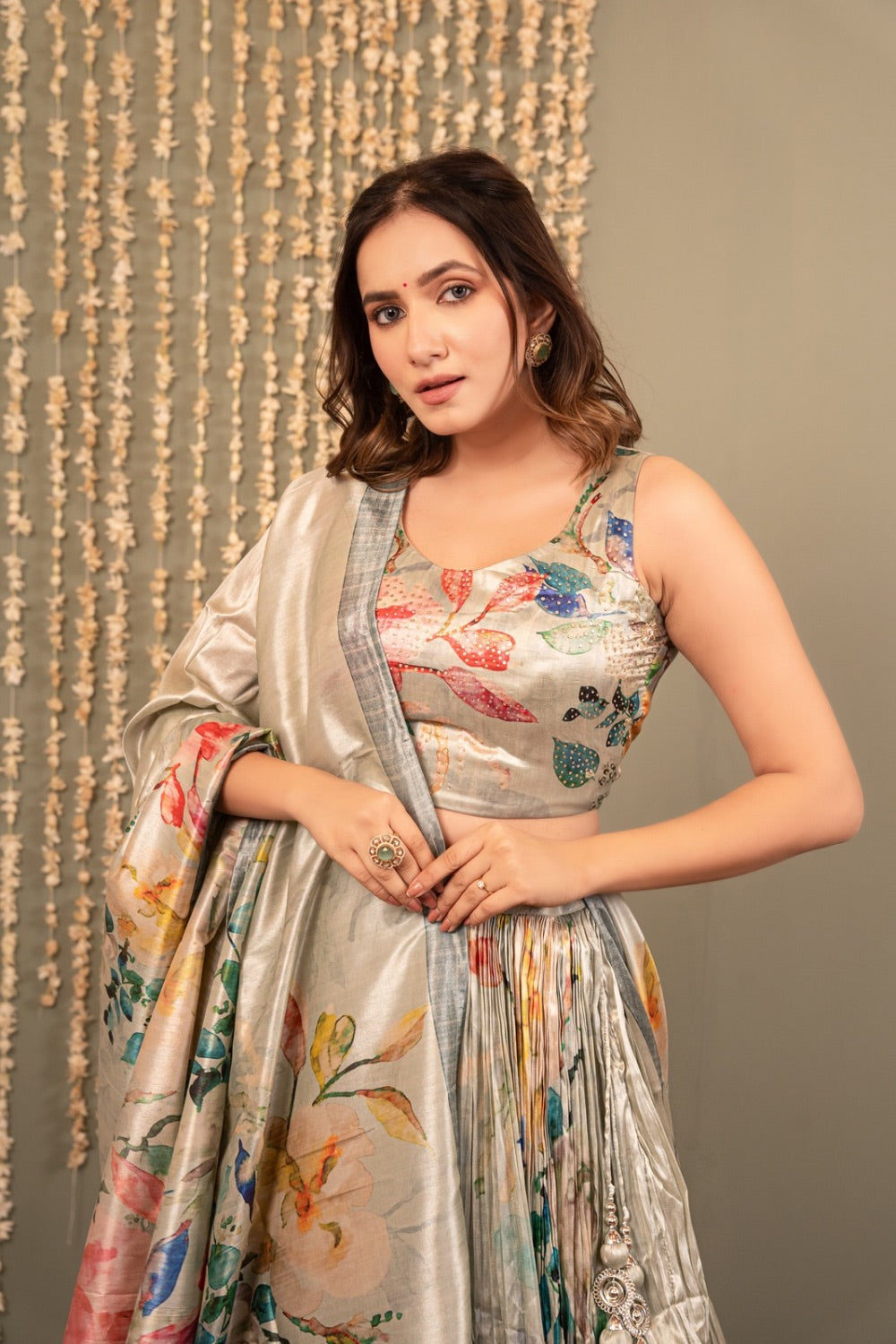 Beige crepe silk lehenga choli with printed work