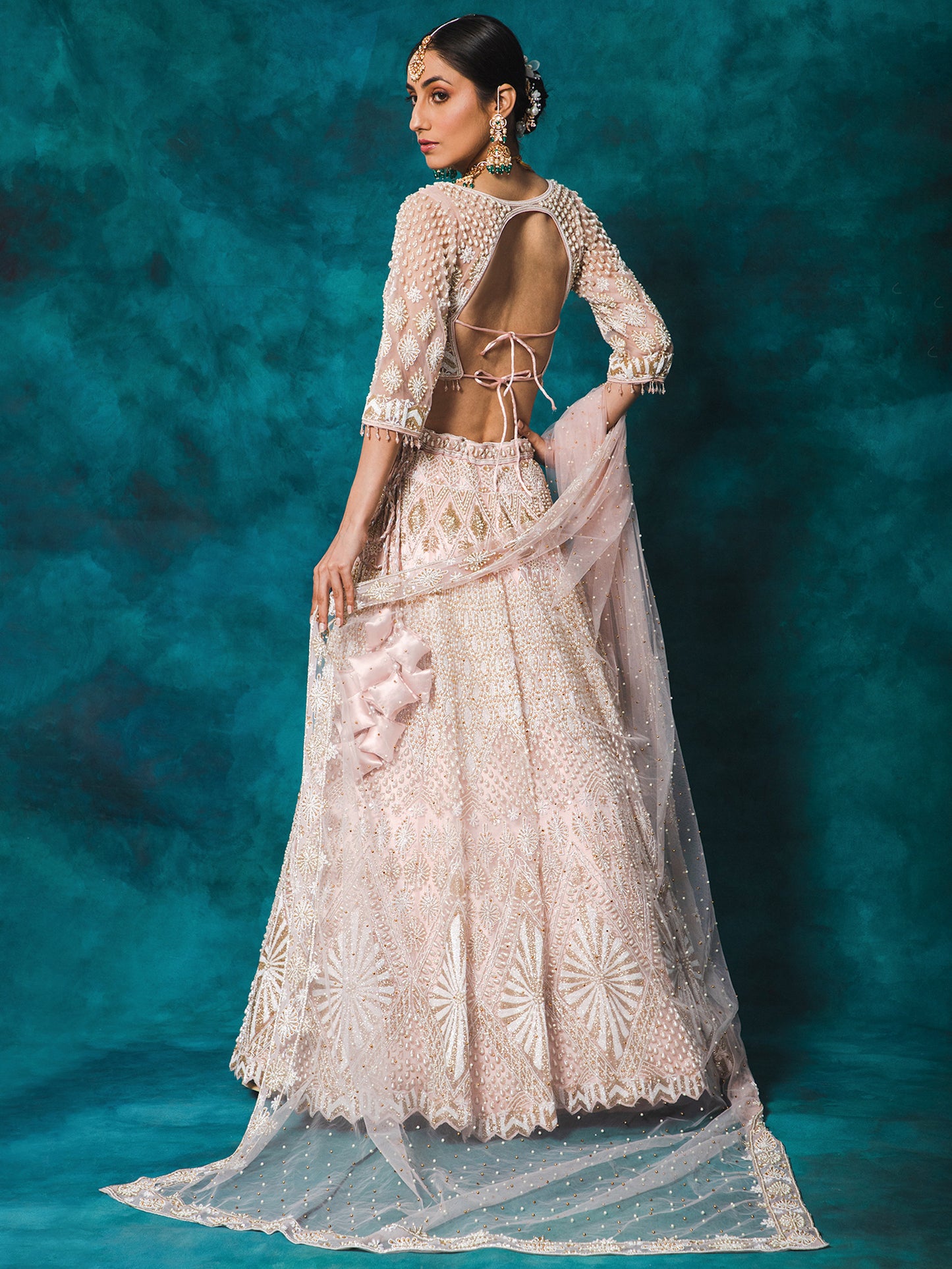 Blush Pink Color Stones & Pearls Embroidery Net Bridal Lehenga