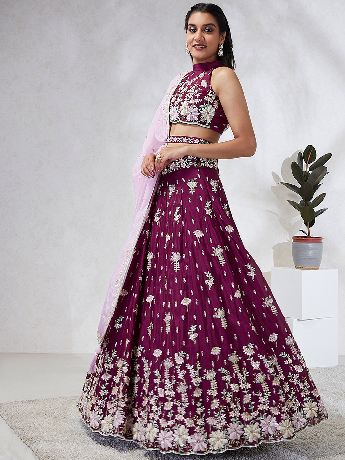 Burgundy  Georgette Sequins and thread embroidery Lehenga