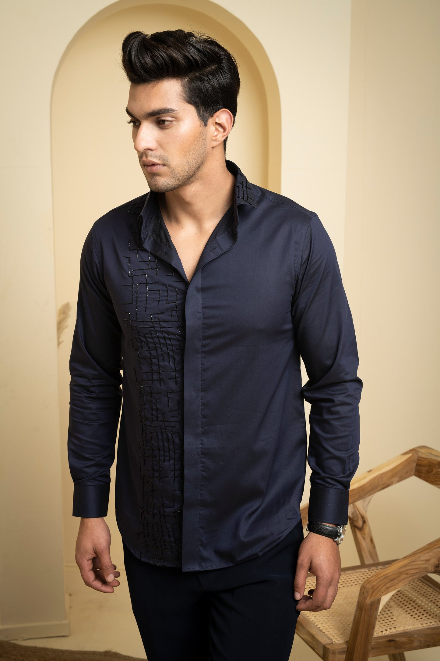 Black Premium Giza Diam Intricate Embroidered Shirt