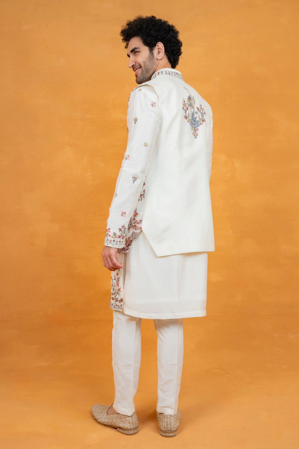 White silk open koti set with multicolour floral thread embroidery