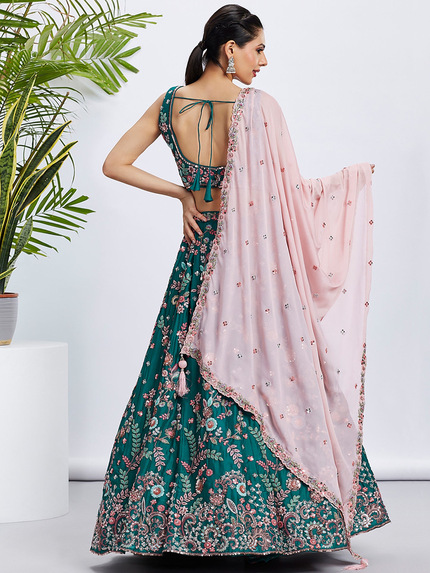 Green Pure Georgette Sequins and thread embroidery Lehenga choli