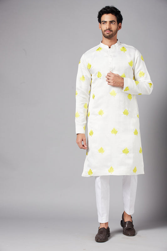 White Linen Satin Motif Embroidered Festive ( only Kurta )