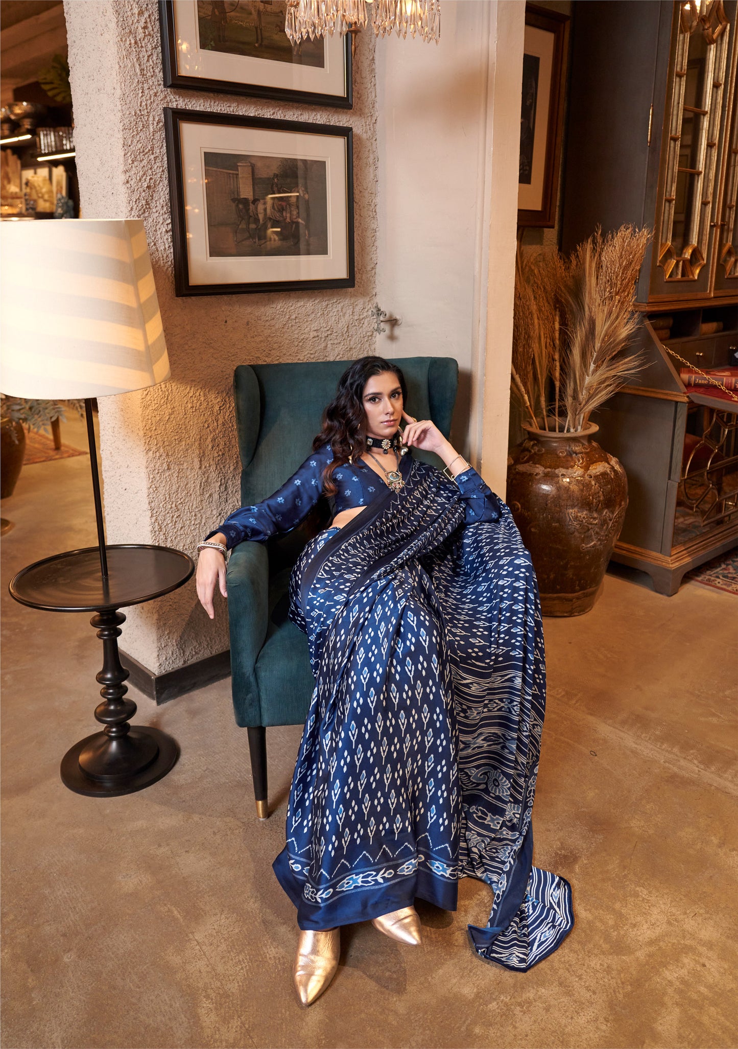 Navy Blue Konzai Satin Crape Saree With Digital Patola Prints