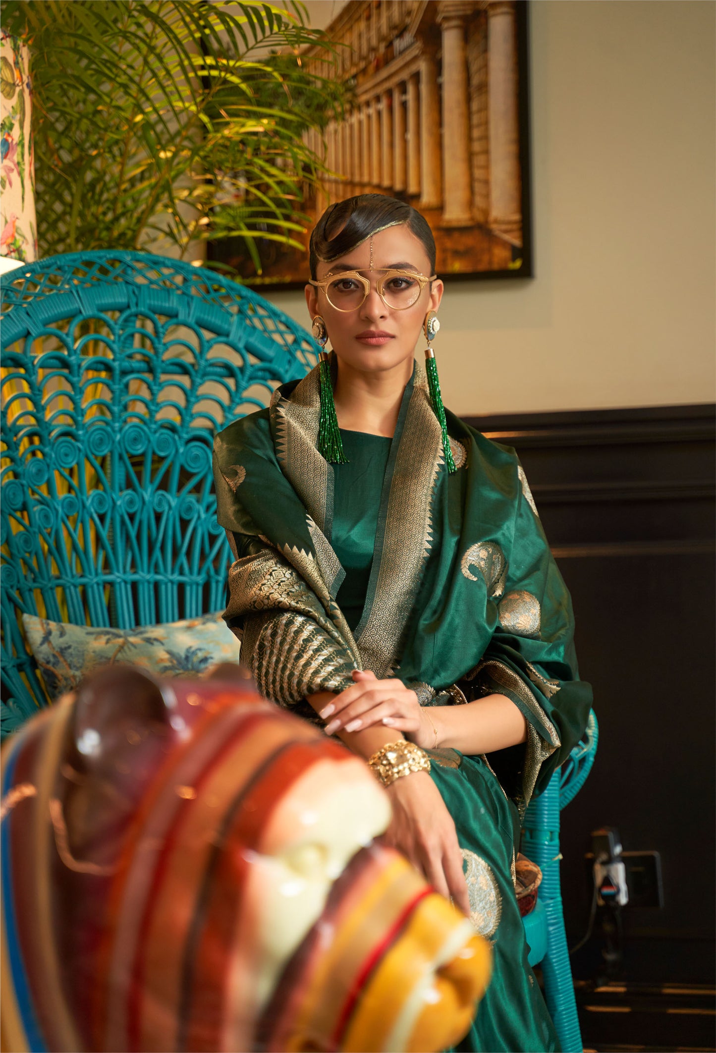 Emerald Green Kushaq Silk Nylon Pure Satin Saree