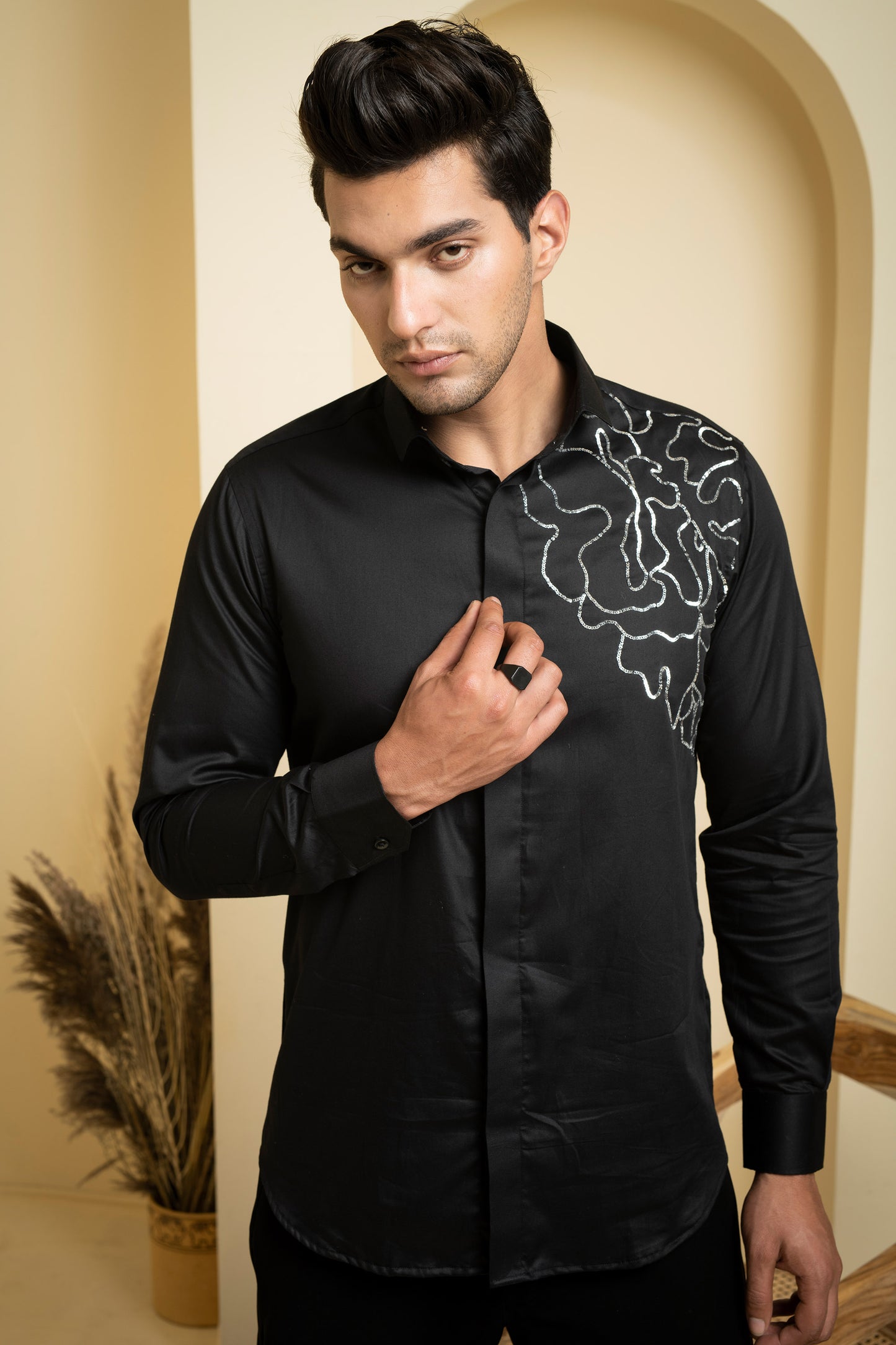Black Cotton satin Sterling Party Wear Shirt