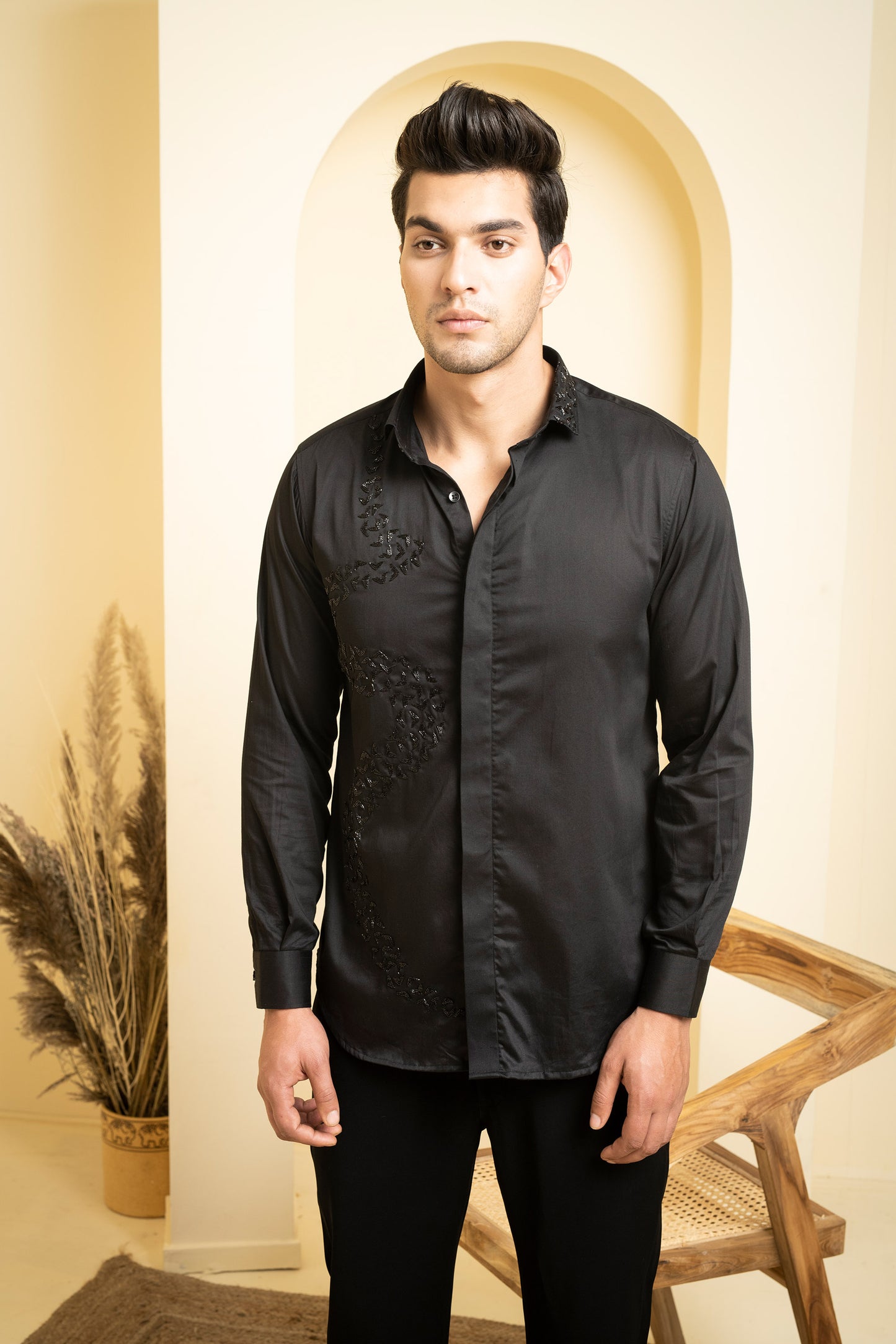 Black Cotton satin Awel Party Wear Shirt