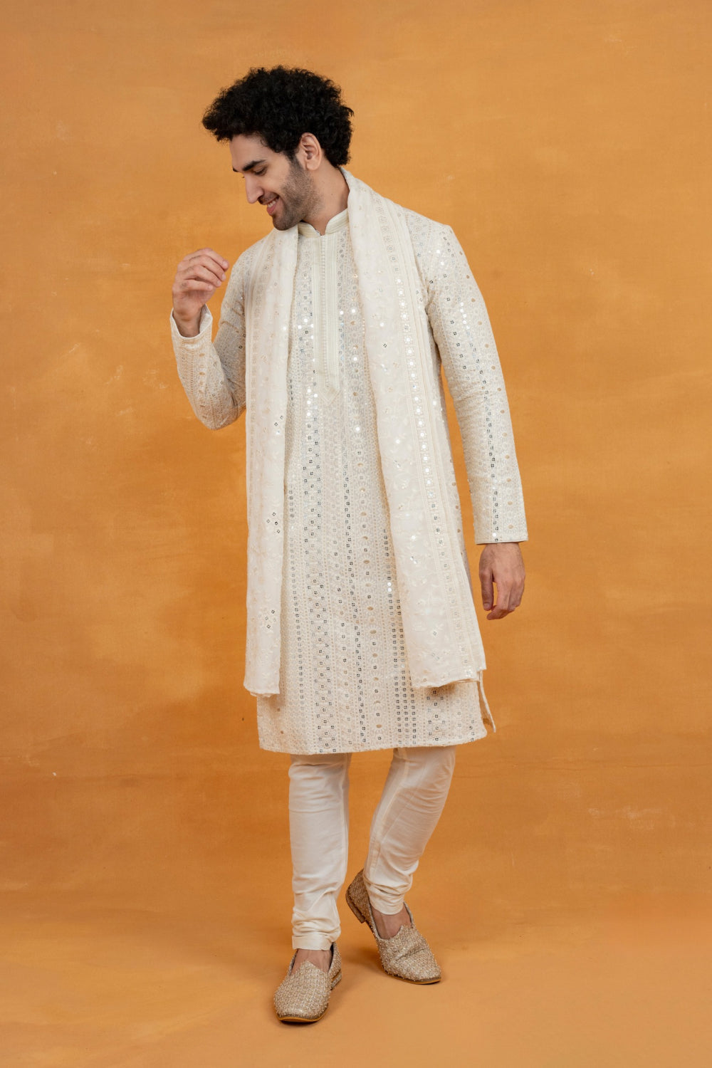 White silk lucknowi silk kurta set with mirror and sequins work