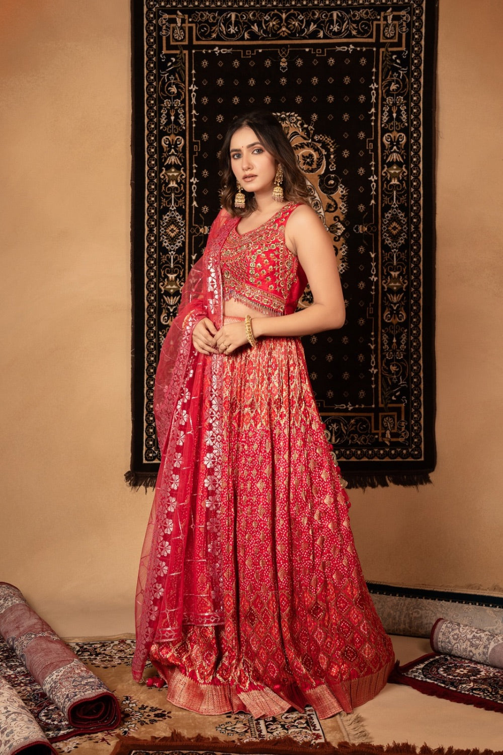 Magenta pink crepe silk lehenga choli with zardozi and mirror work