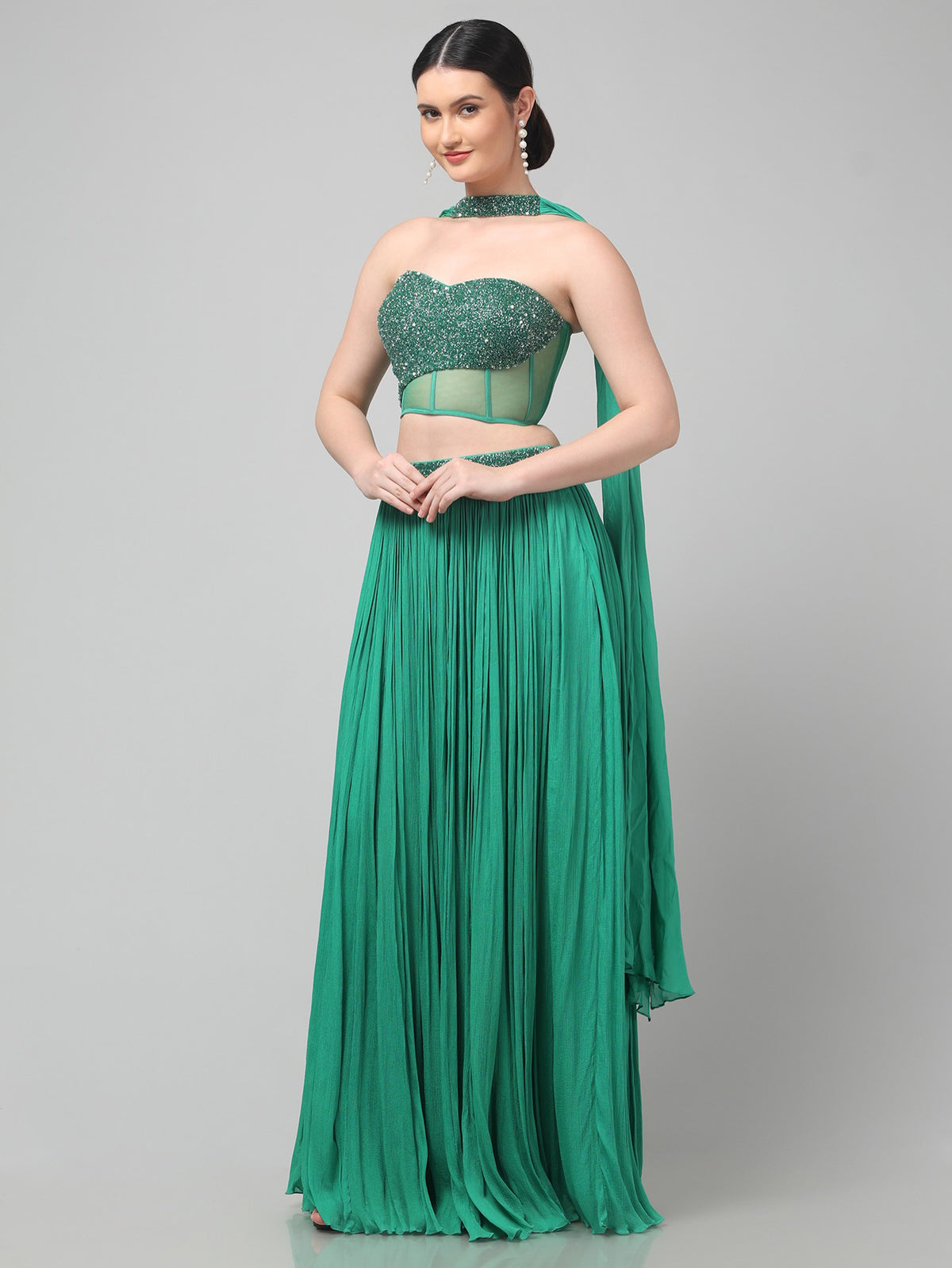 Emerald Green Corset Pure Chinnon Cutdana & Sequence Hand Work Party Wear pleated Skirt & Dupatta