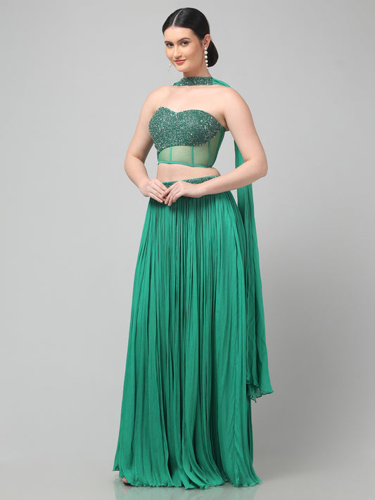 Emerald Green Corset Pure Chinnon Cutdana & Sequence Hand Work Party Wear pleated Skirt & Dupatta