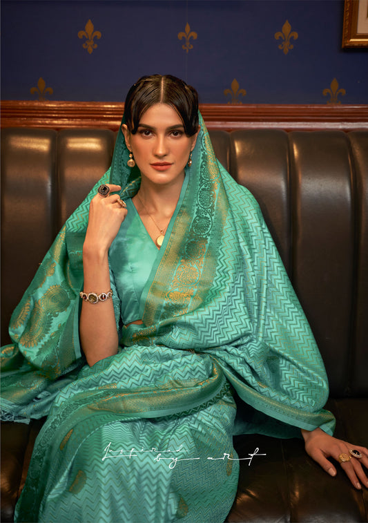 Green Kazel Satin Silk Woven Saree