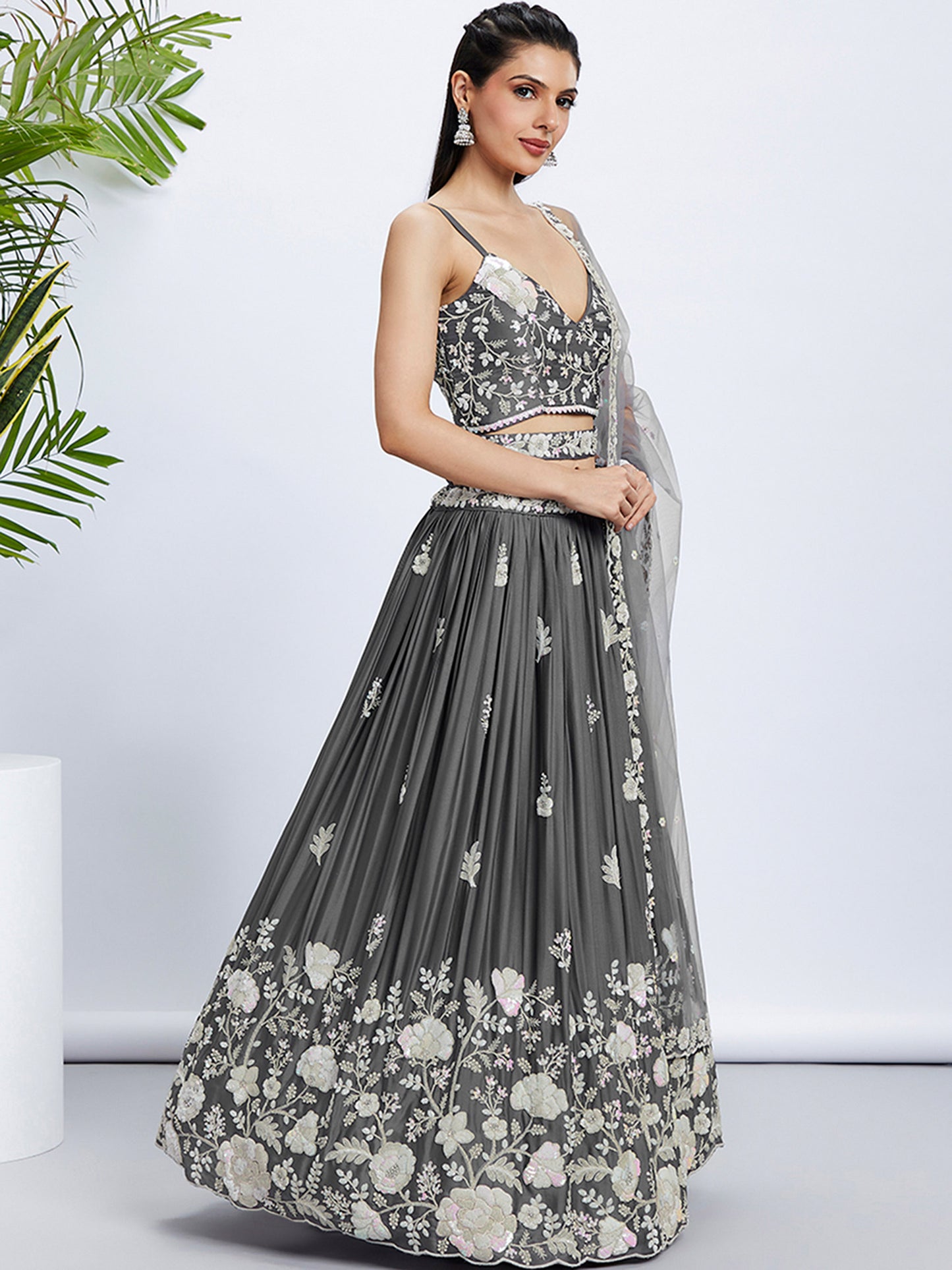 Grey Pure Georgette Sequins and thread embroidery Lehenga