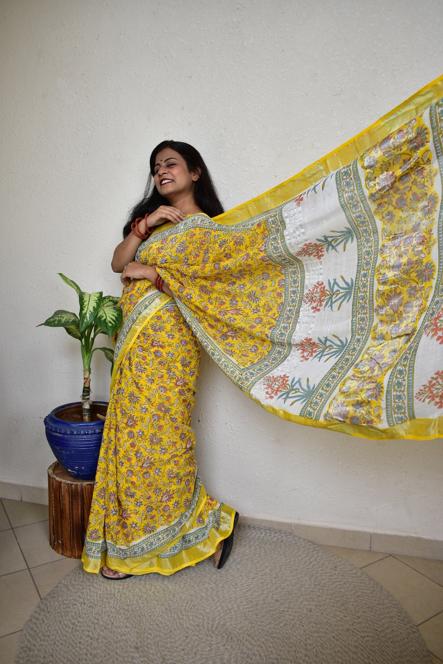 Marigold - White and Yellow Handblock Print Natural Dyed - Linen Cotton Saree