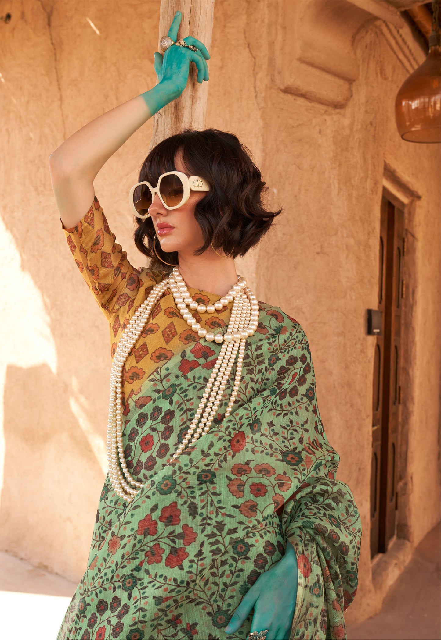 Green Komet Printed Zari Handloom Tissue Saree