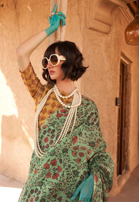 Green Komet Printed Zari Handloom Tissue Saree