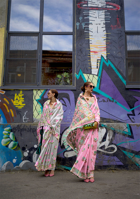 Grey Krafitti Parsi weave handloom Silk Saree