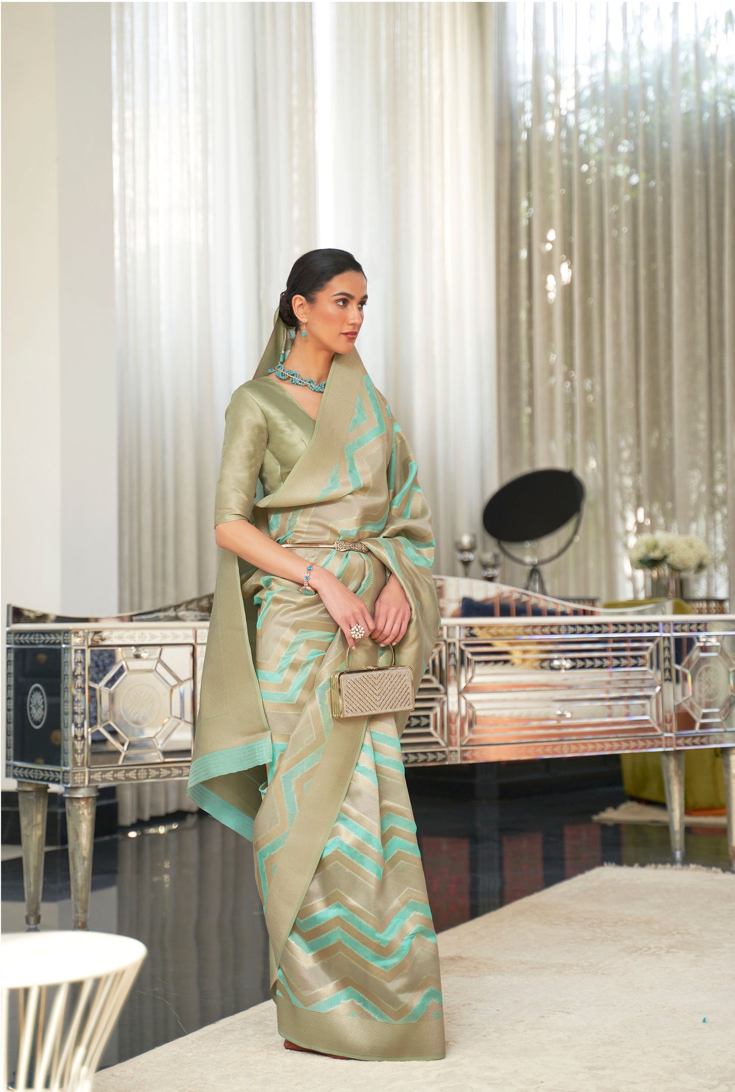 Light Beige Kelena Organza Lehriya Handloom Saree