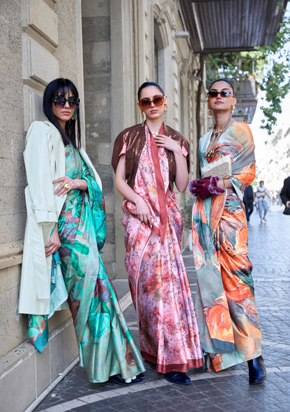 Peach Floral Klora Satin Crepe Digital Print Saree