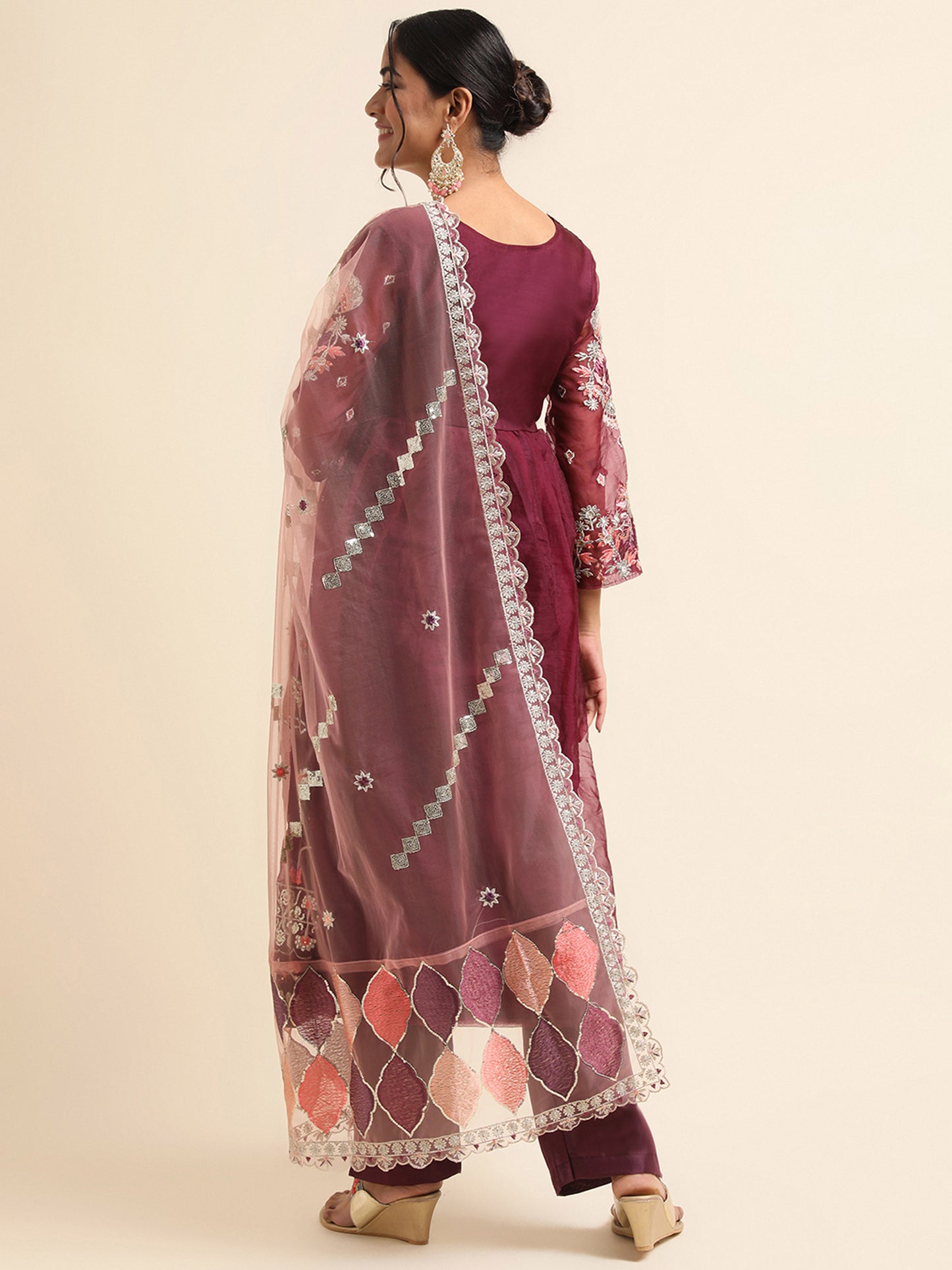 Wine  sequins embroidered Faux organza Surya pakistani suit