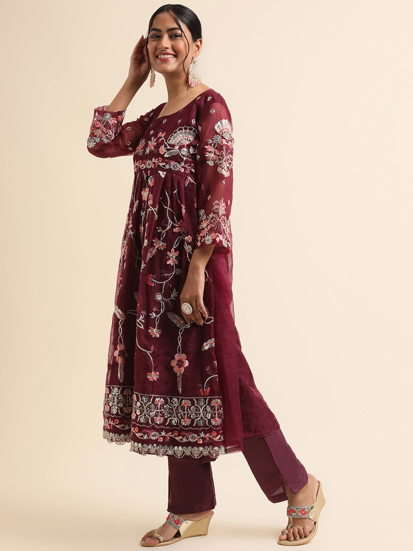 Wine  sequins embroidered Faux organza Surya pakistani suit