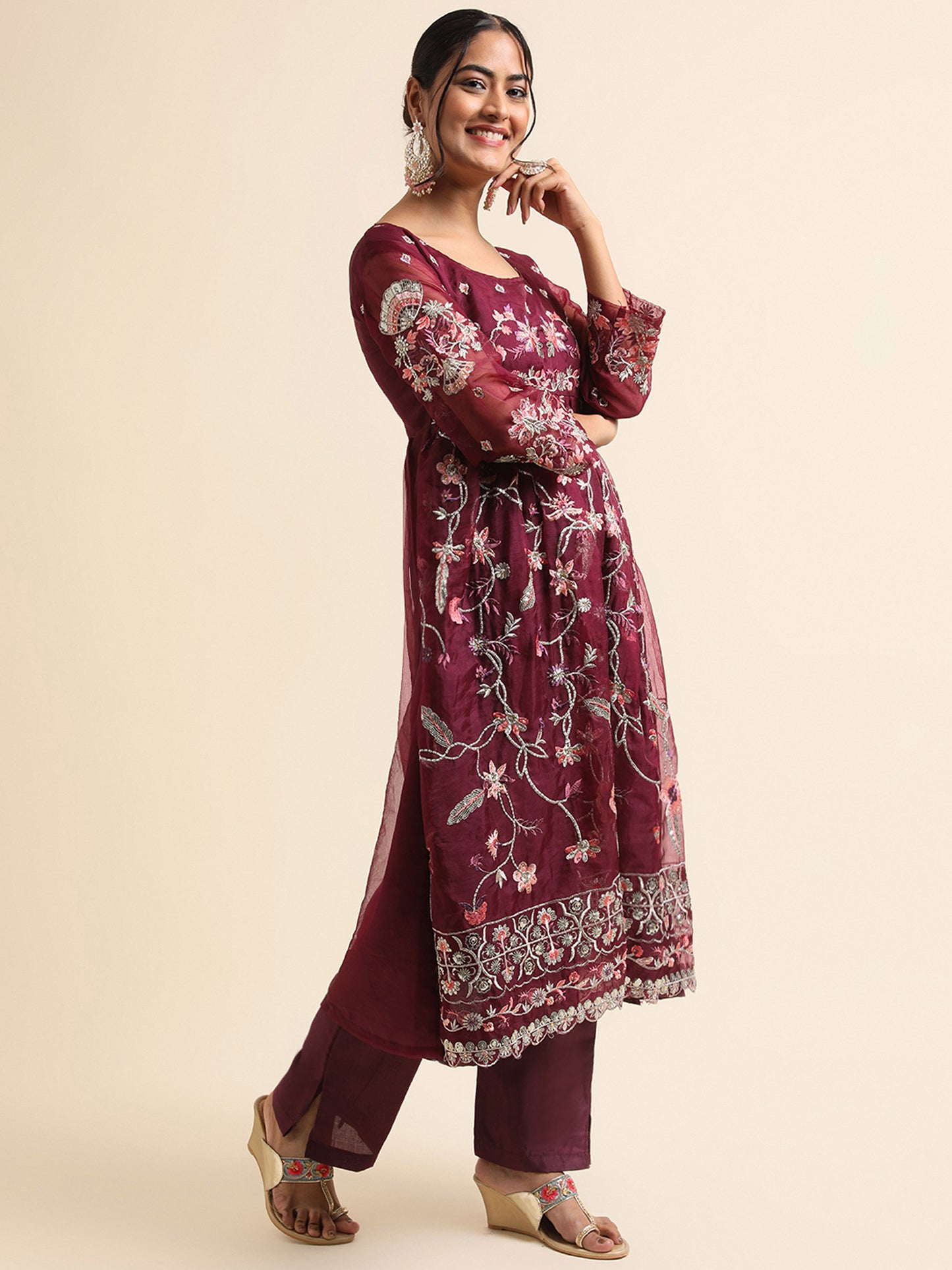Wine  sequins embroidered Faux organza Surya pakistani suit