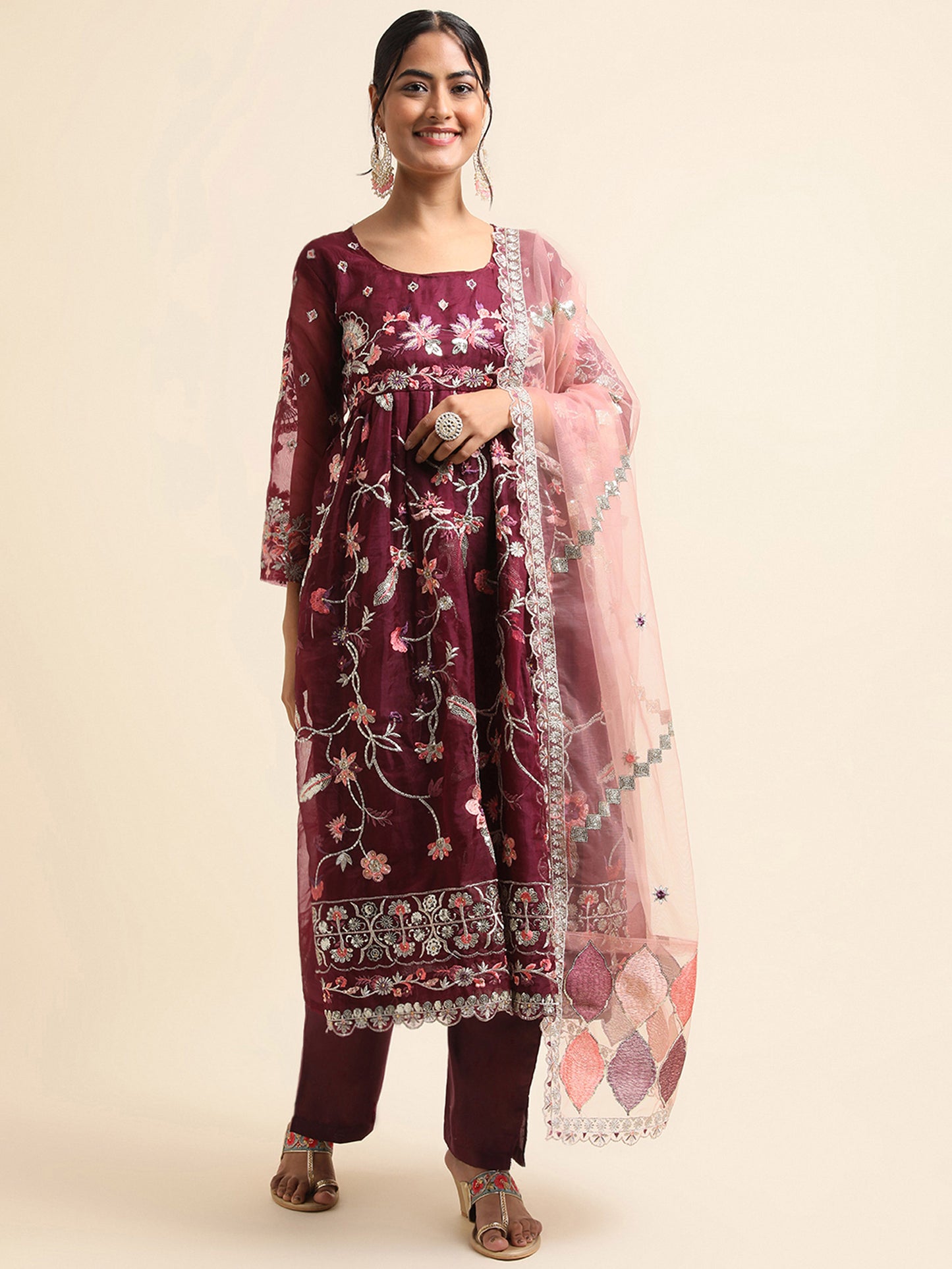 Wine  sequins embroidered Faux organza Surya pakistani suit