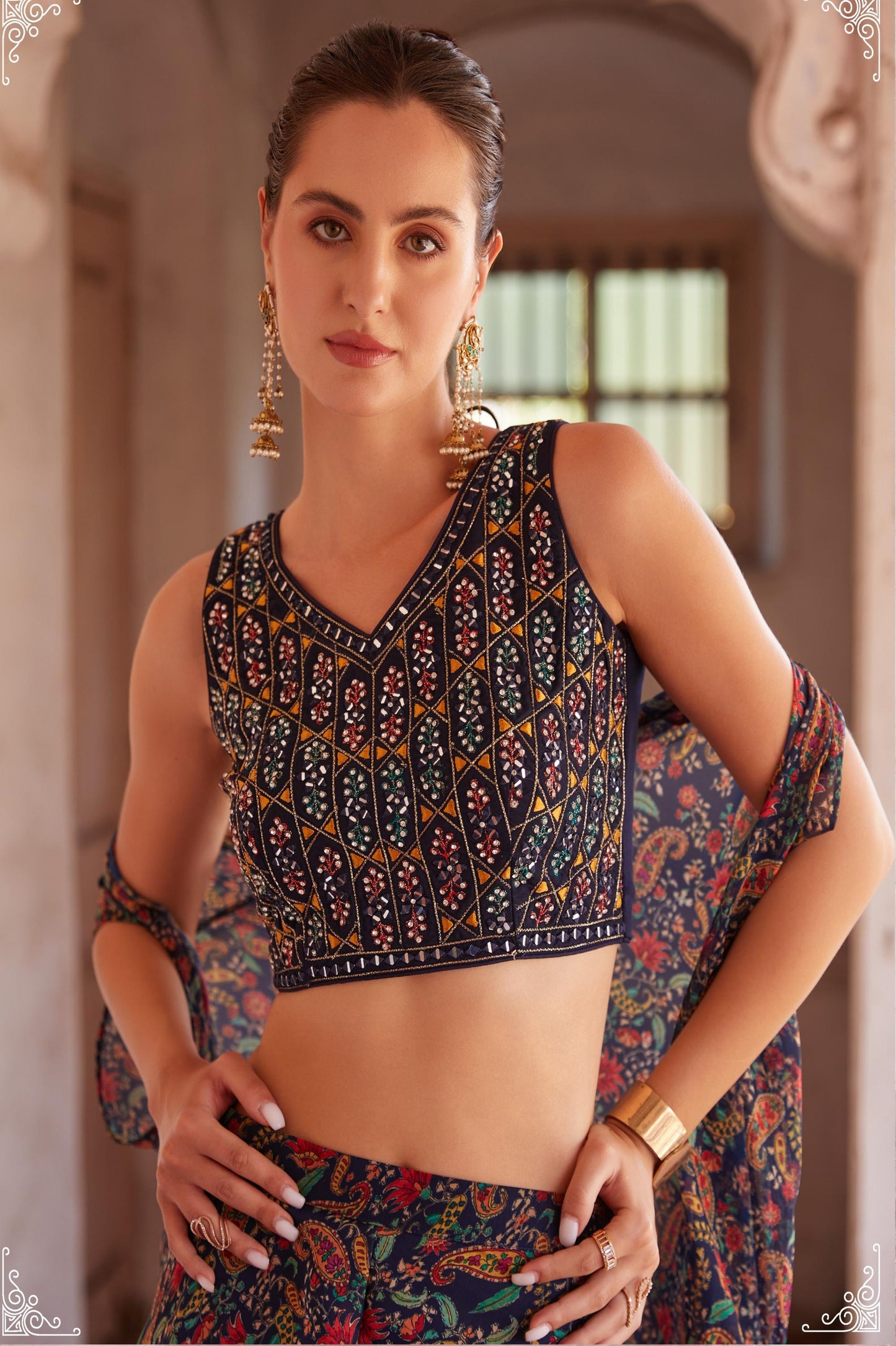 Blue Georgette Thread & Mirror Work Cape Set Sharara