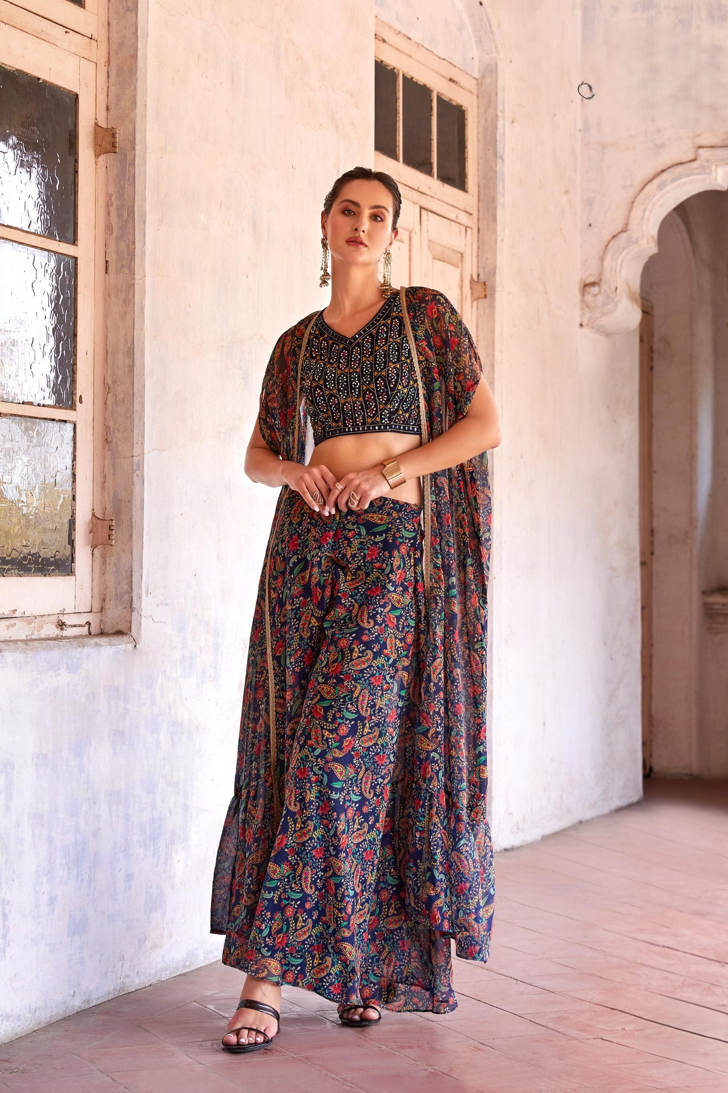 Blue Georgette Thread & Mirror Work Cape Set Sharara