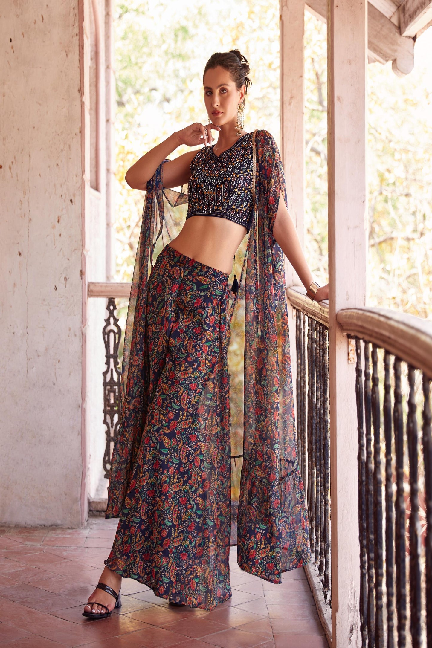 Blue Georgette Thread & Mirror Work Cape Set Sharara