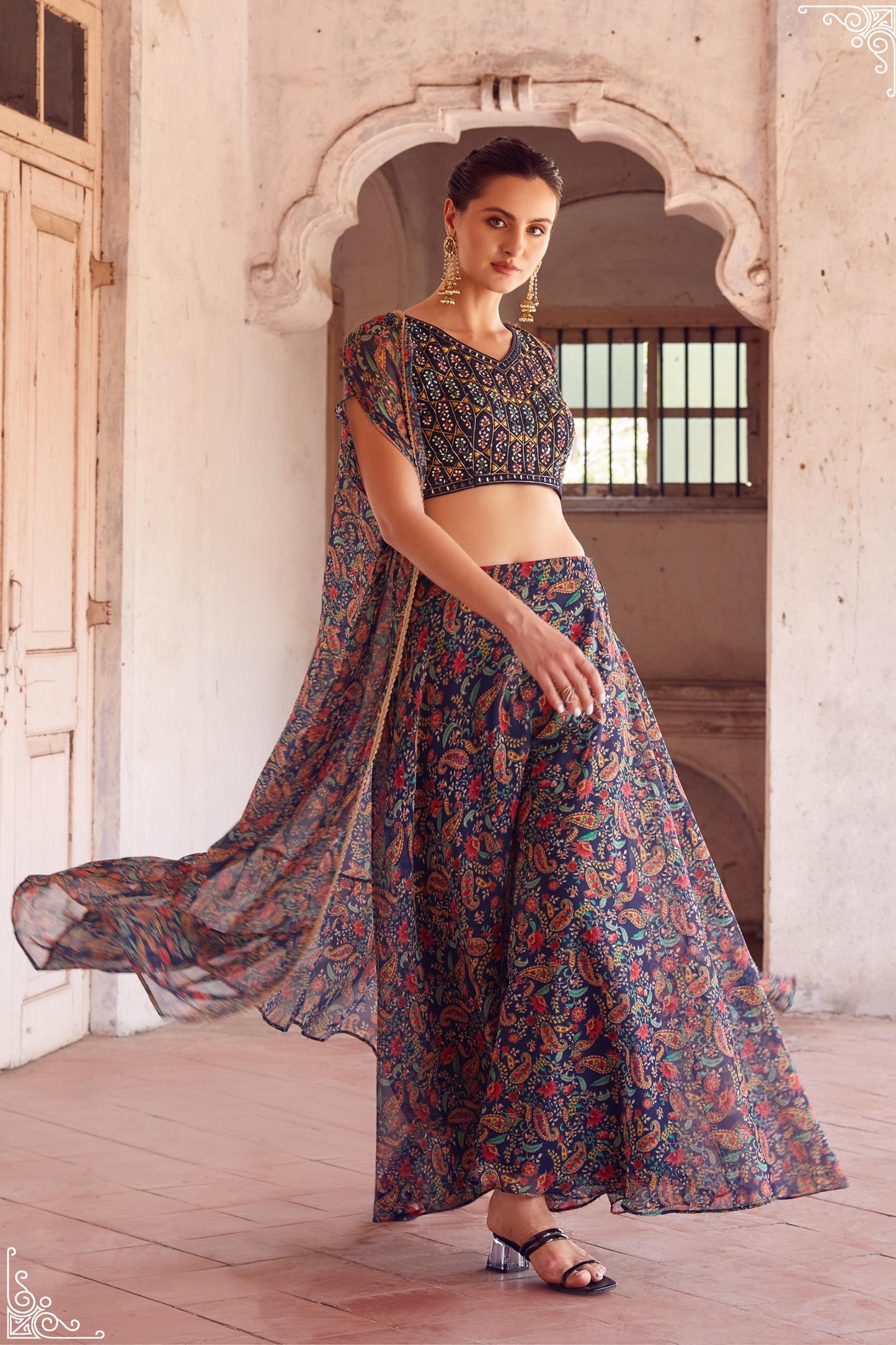 Blue Georgette Thread & Mirror Work Cape Set Sharara