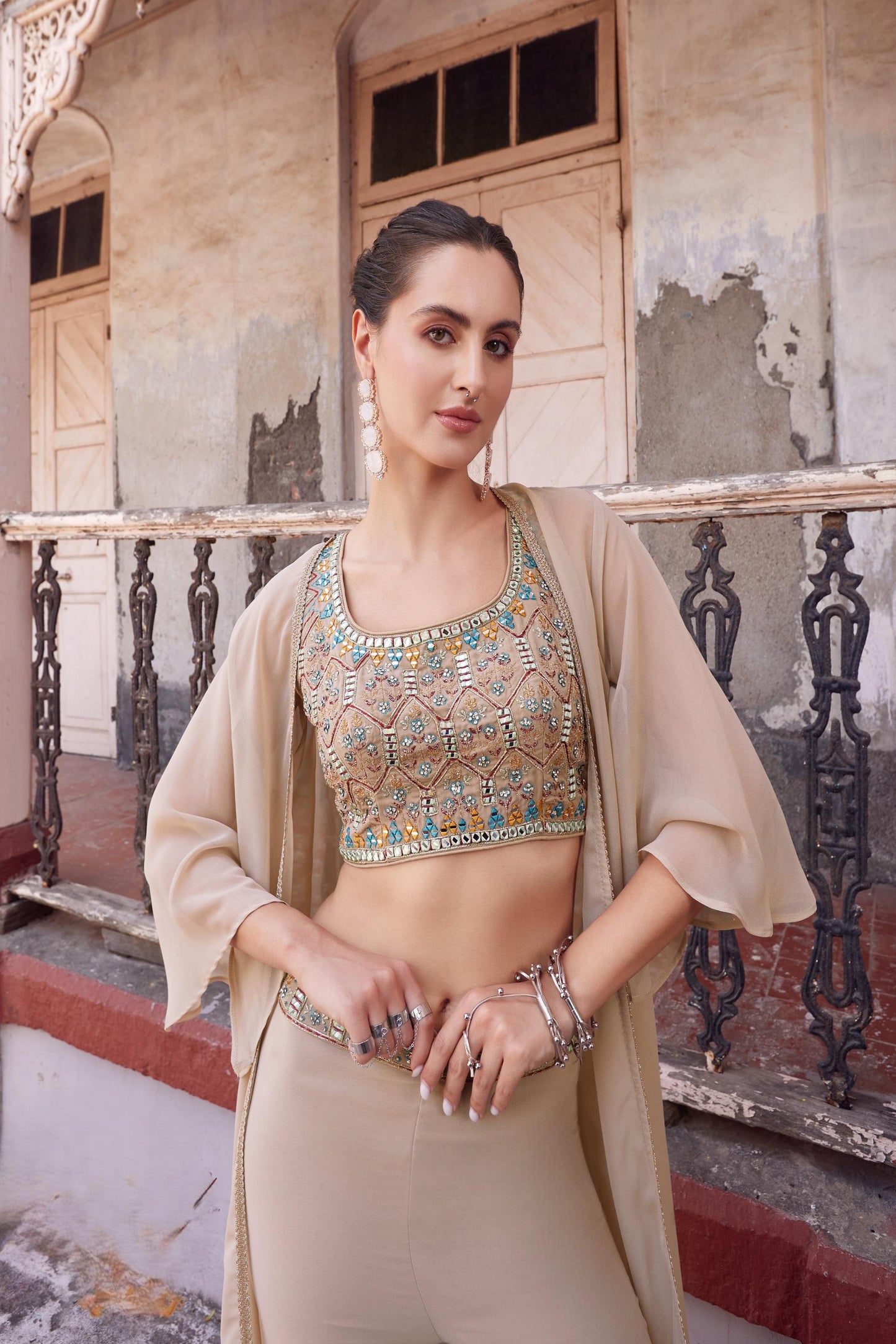 Beige Georgette Thread & Mirror Work Cape Set Sharara