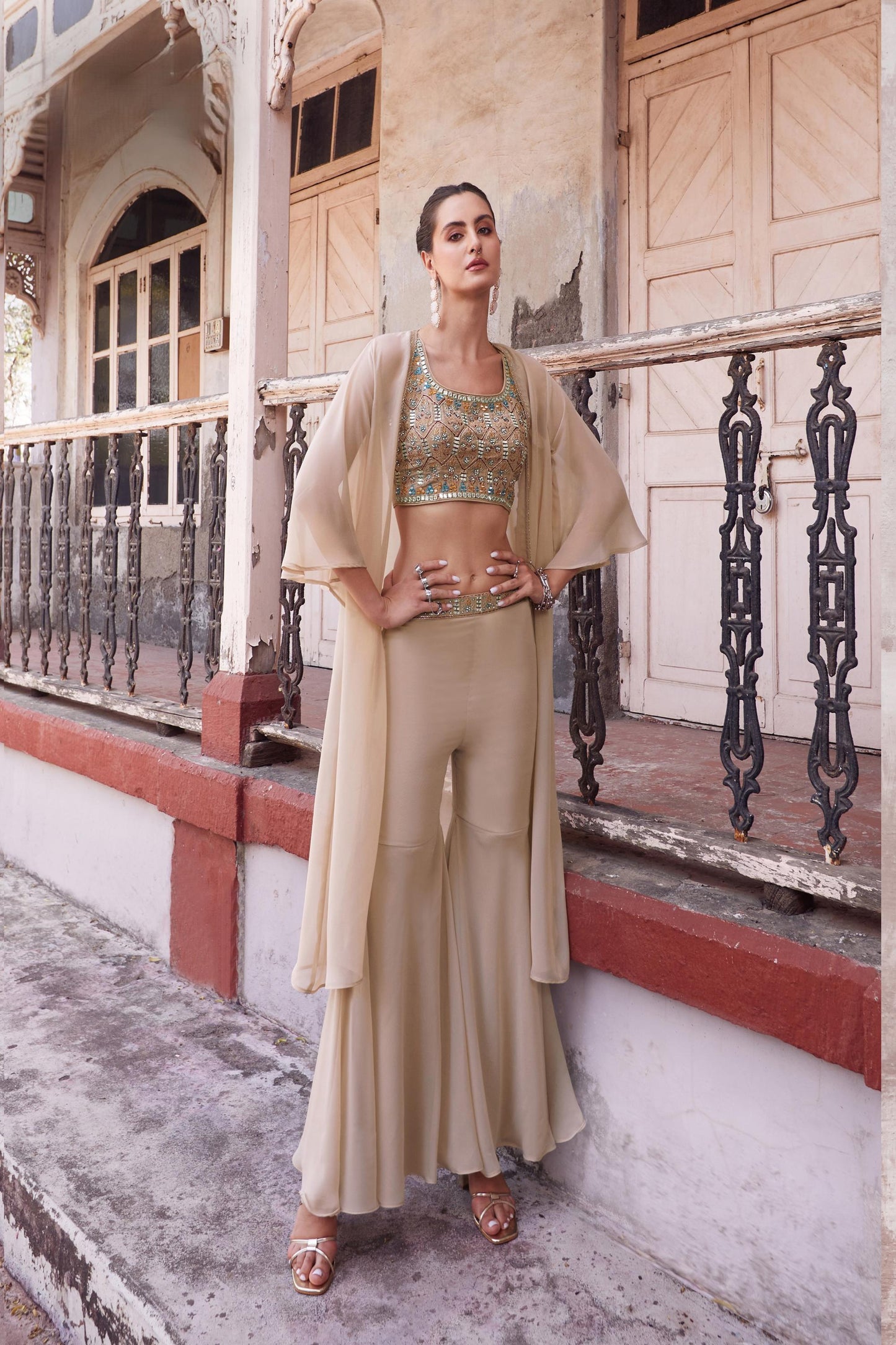 Beige Georgette Thread & Mirror Work Cape Set Sharara
