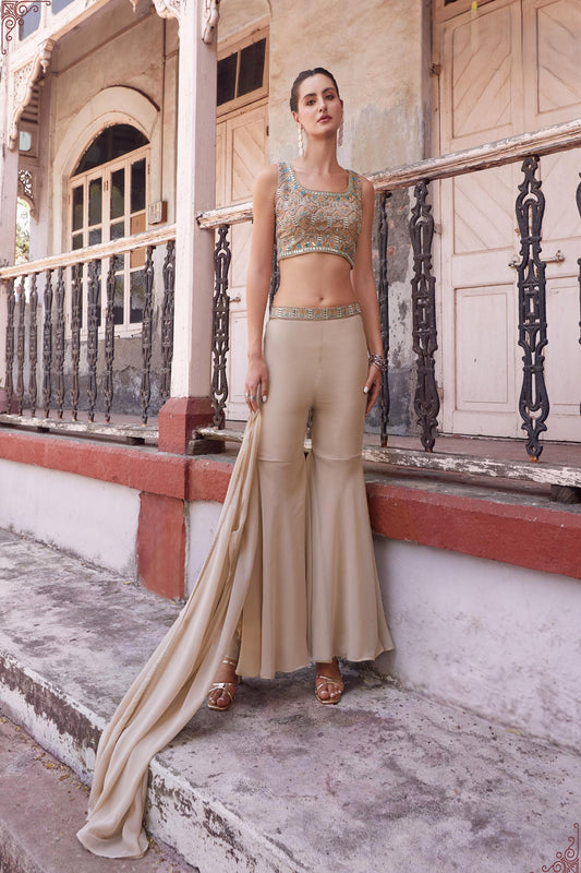 Beige Georgette Thread & Mirror Work Cape Set Sharara