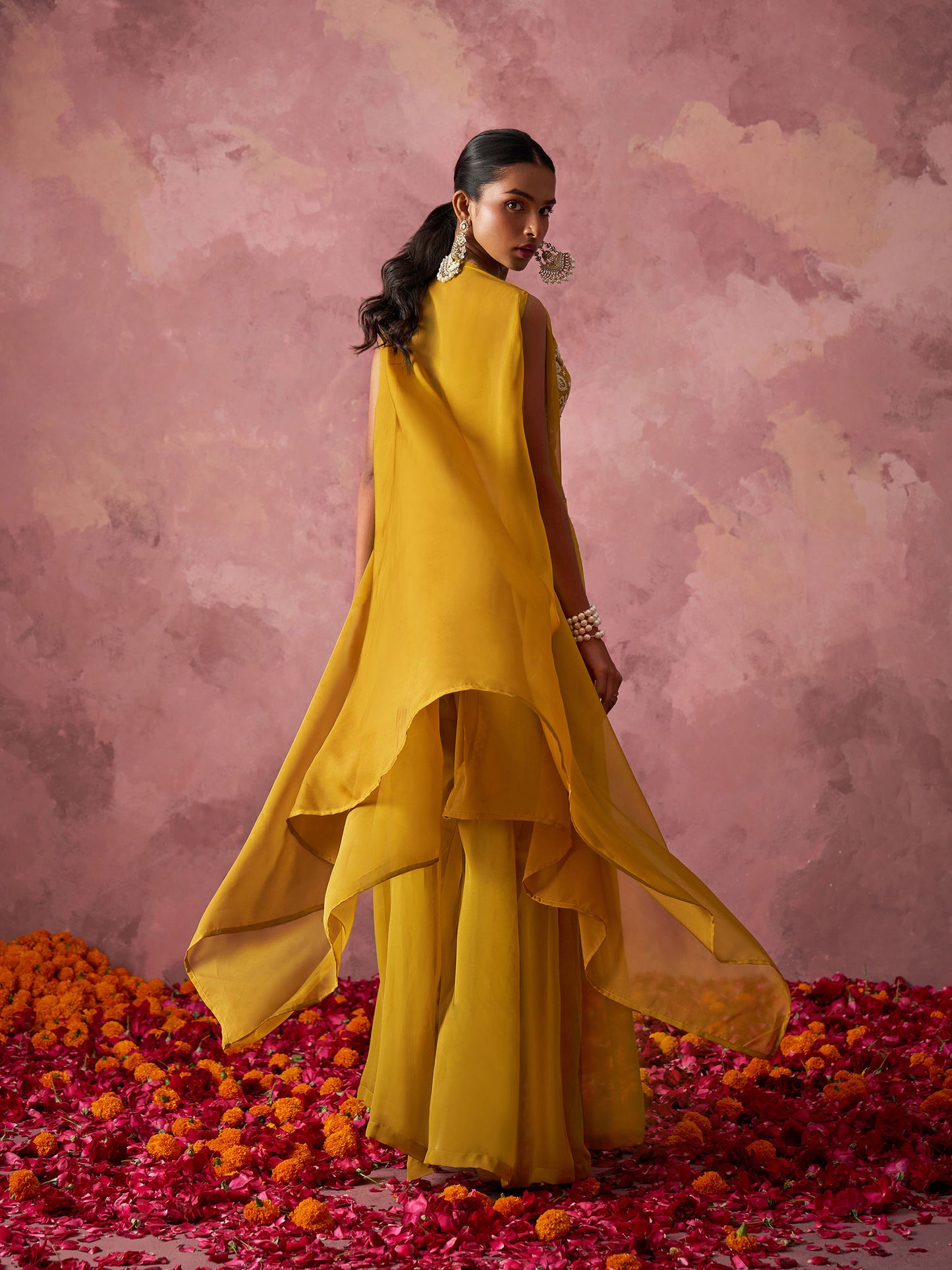 Mustard Yellow Georgette Floral Embroidered Indo Western Sharara