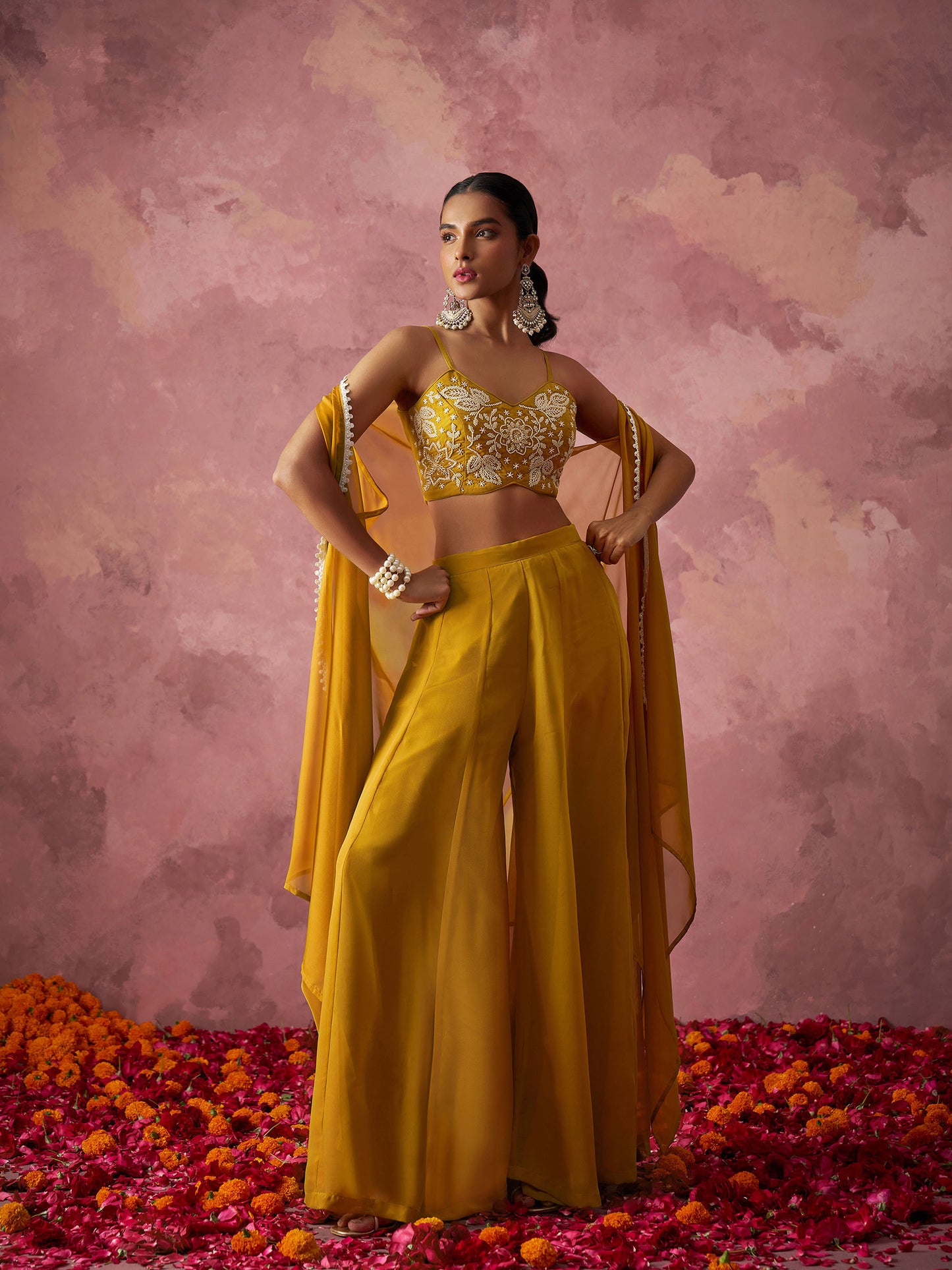 Mustard Yellow Georgette Floral Embroidered Indo Western Sharara