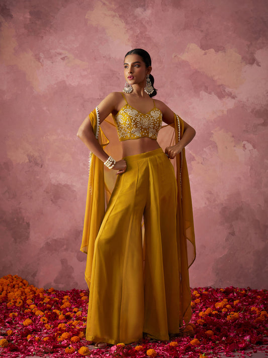 Mustard Yellow Georgette Floral Embroidered Indo Western Sharara
