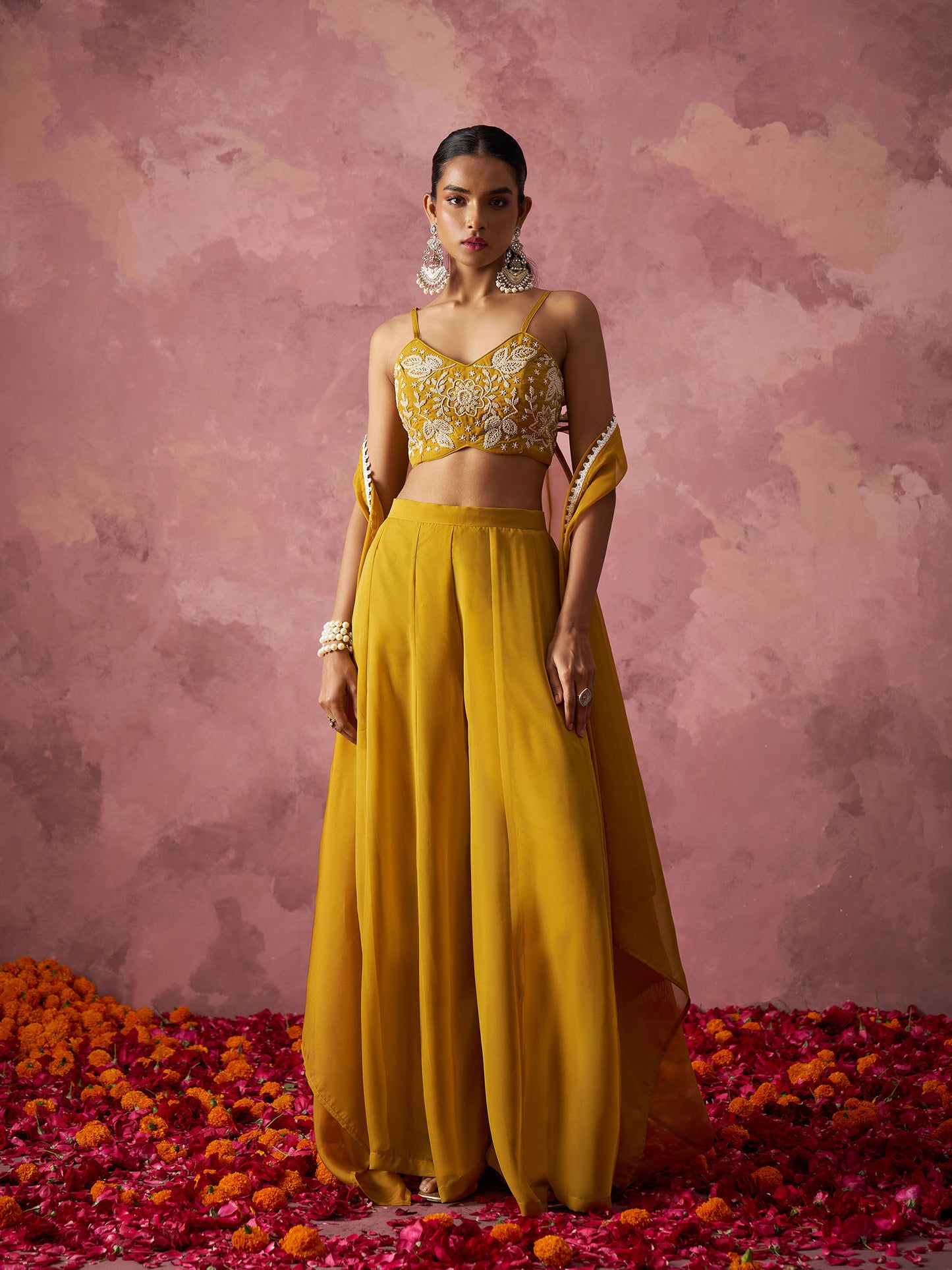 Mustard Yellow Georgette Floral Embroidered Indo Western Sharara