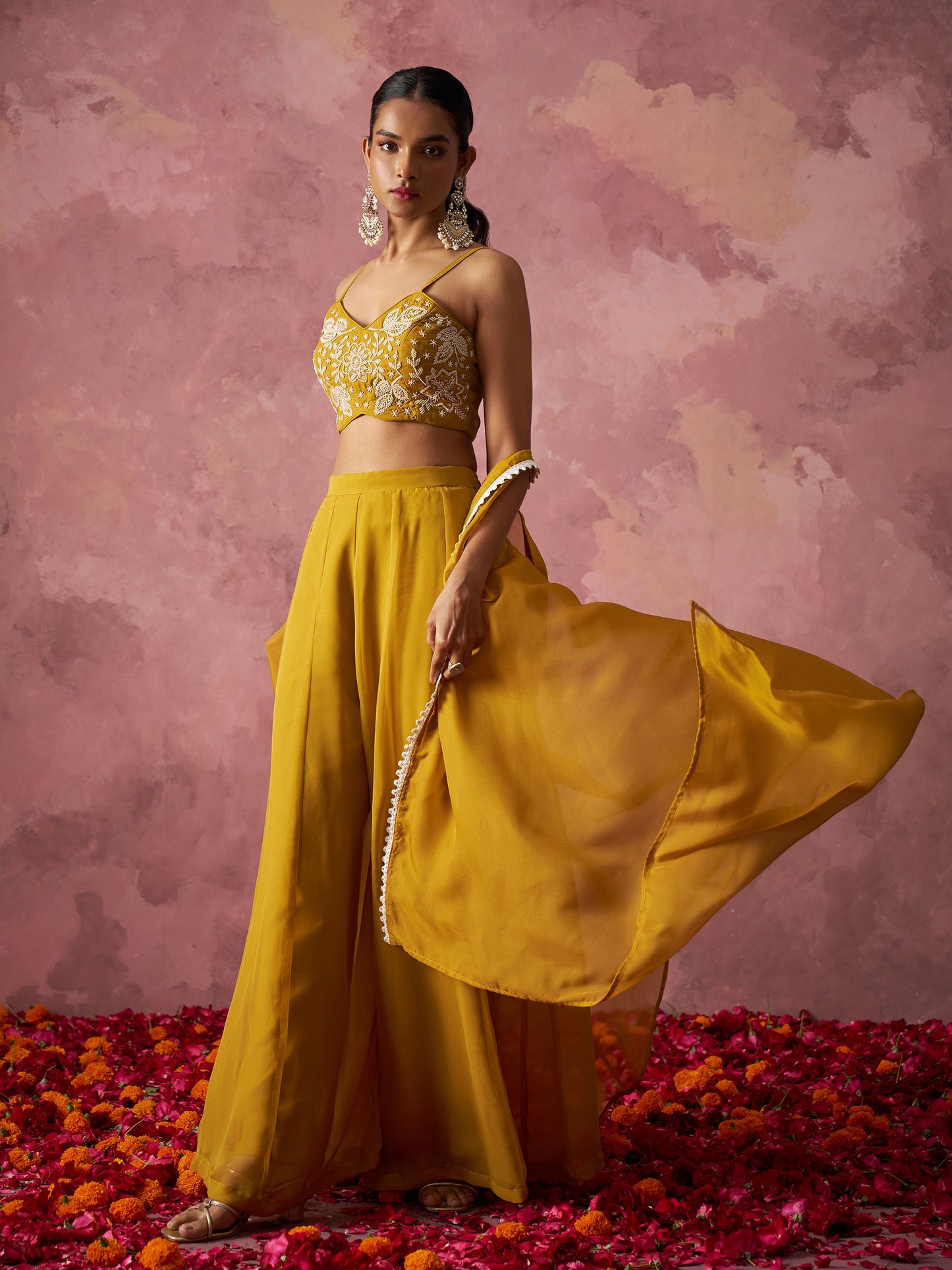 Mustard Yellow Georgette Floral Embroidered Indo Western Sharara