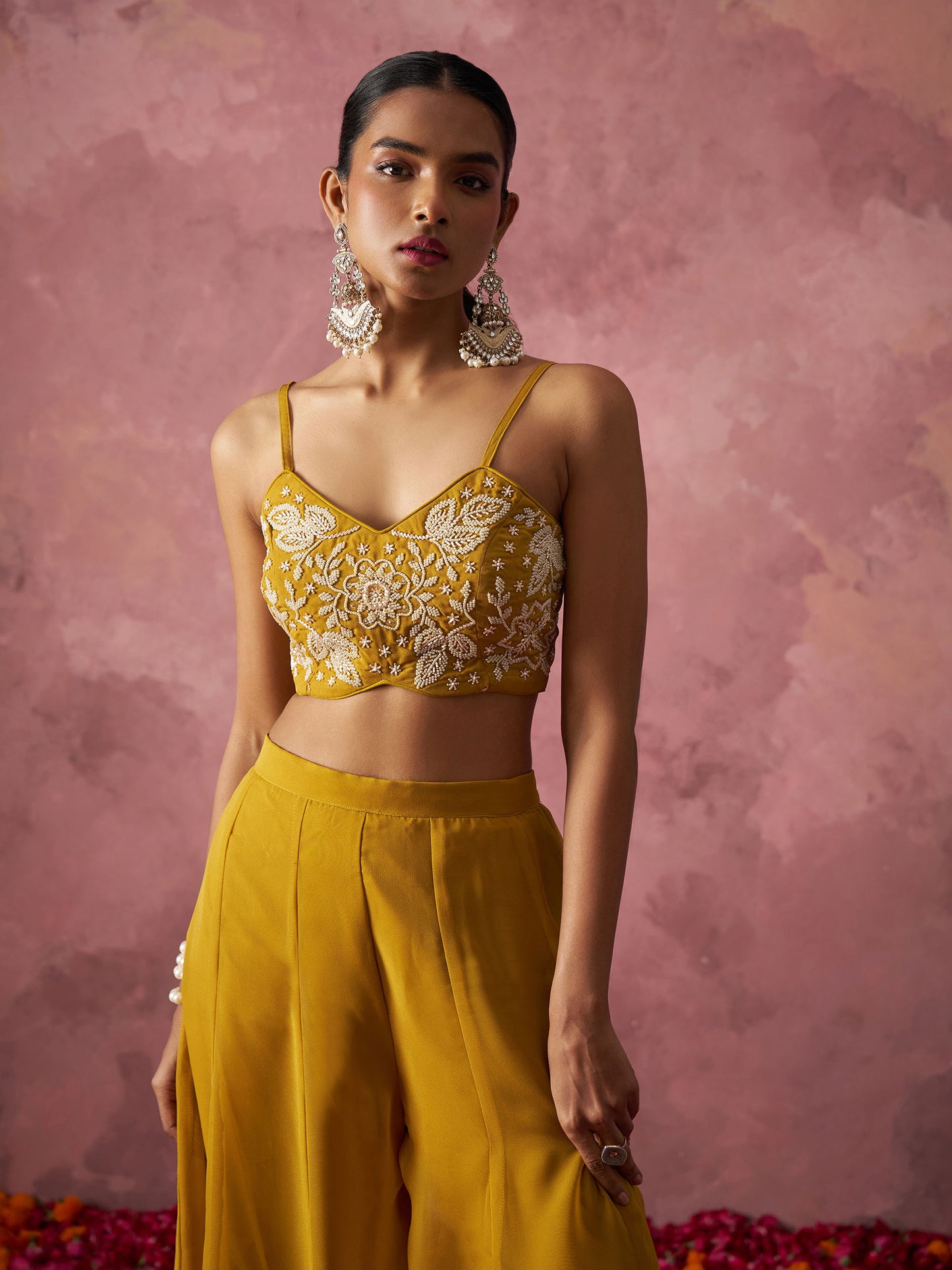 Mustard Yellow Georgette Floral Embroidered Indo Western Sharara