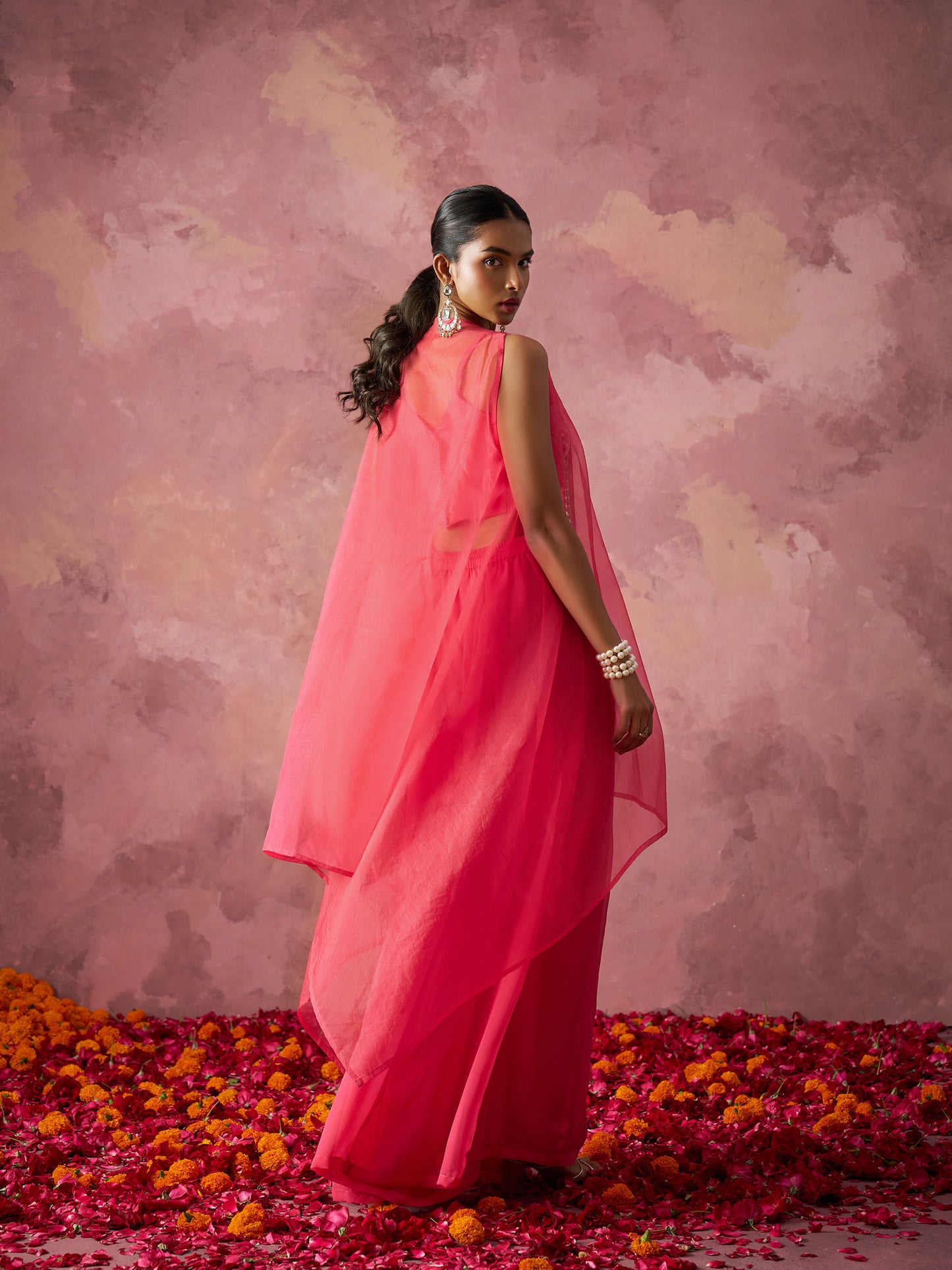 Pink Georgette Floral Embroidered Indo Western Sharara