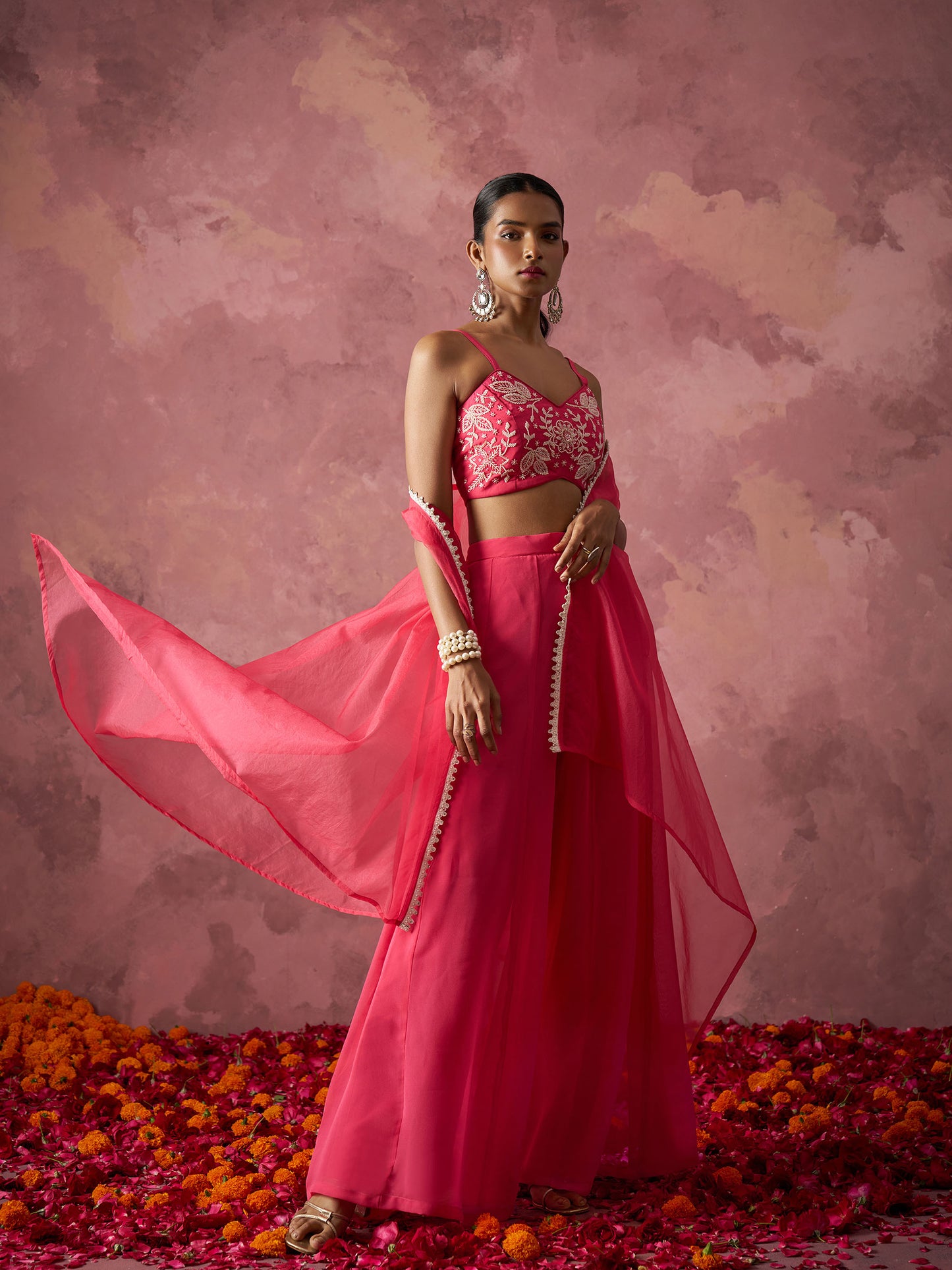 Pink Georgette Floral Embroidered Indo Western Sharara