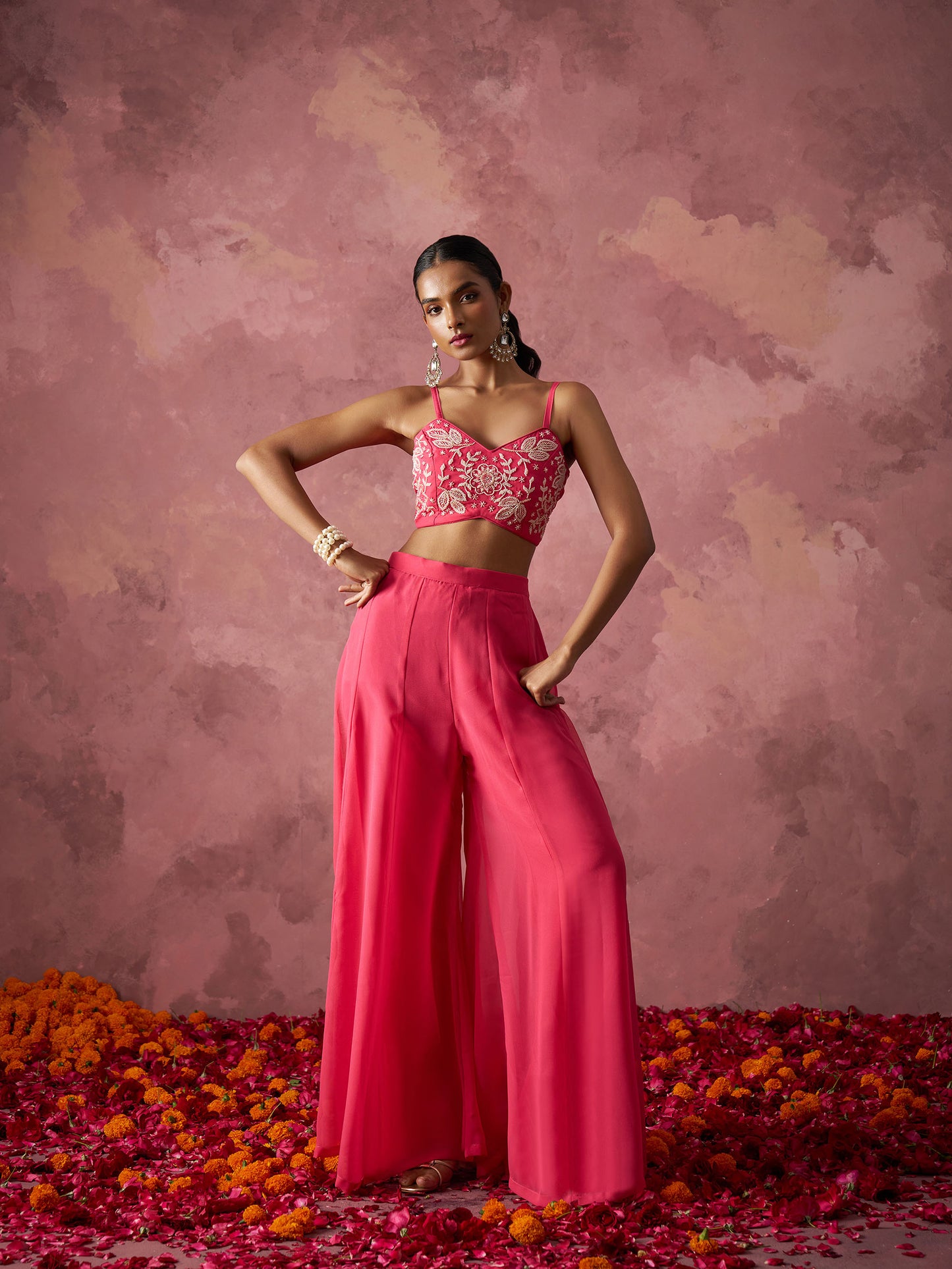 Pink Georgette Floral Embroidered Indo Western Sharara