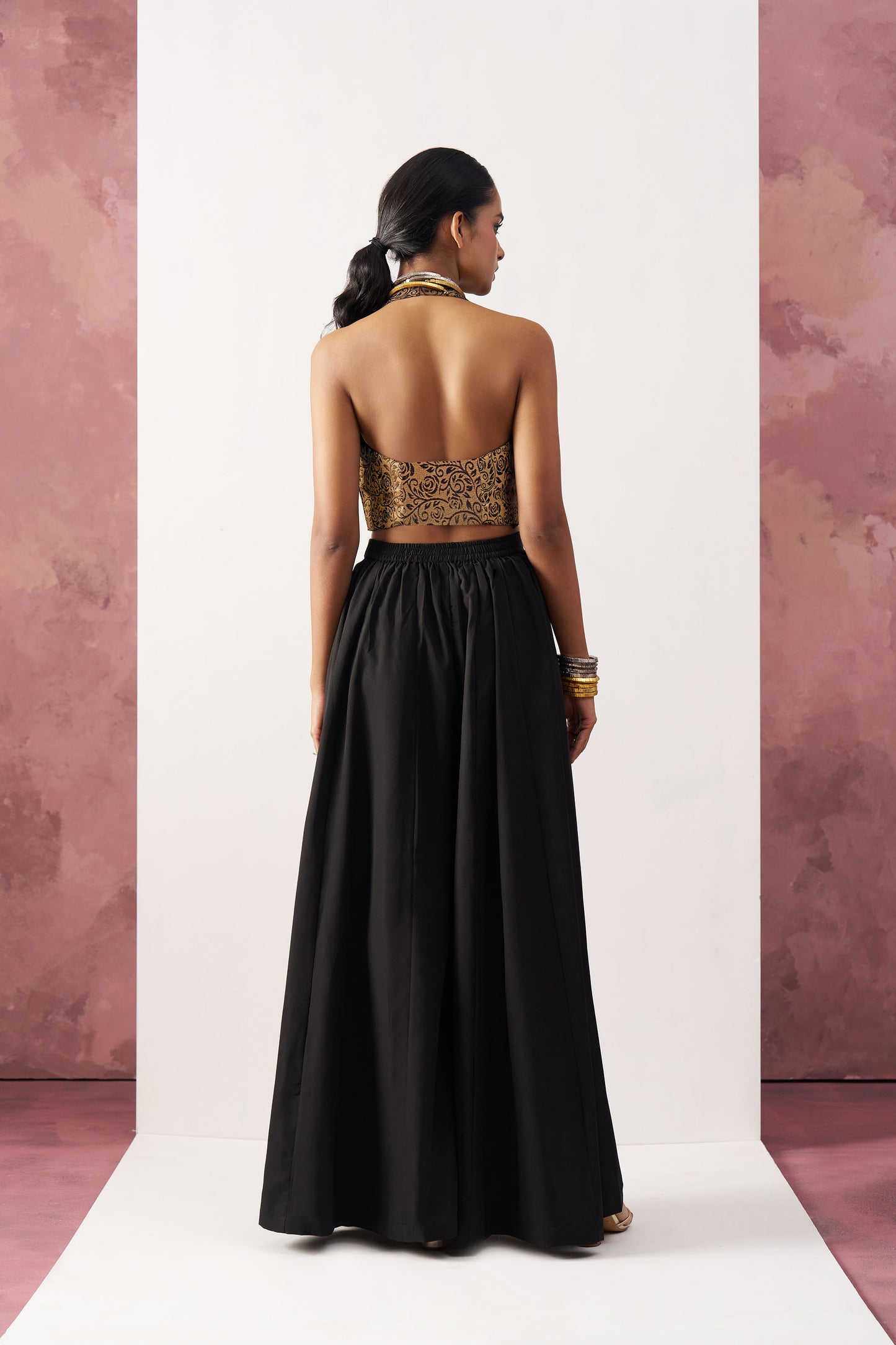 Black Digital Print Jacquard Waistcoat Crepe Skirt