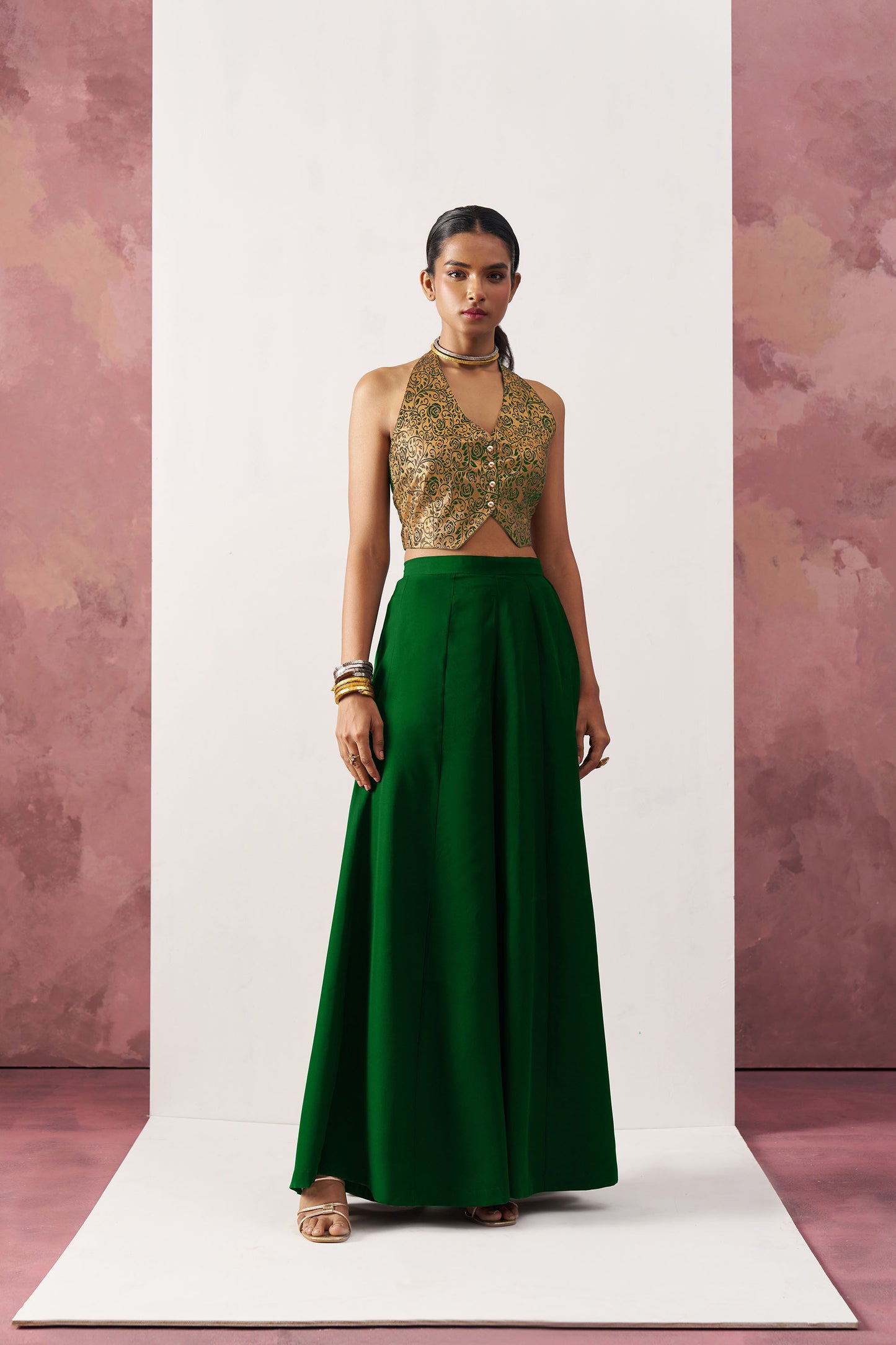 Green & Beige Digital Print Jacquard Waistcoat Crepe Skirt